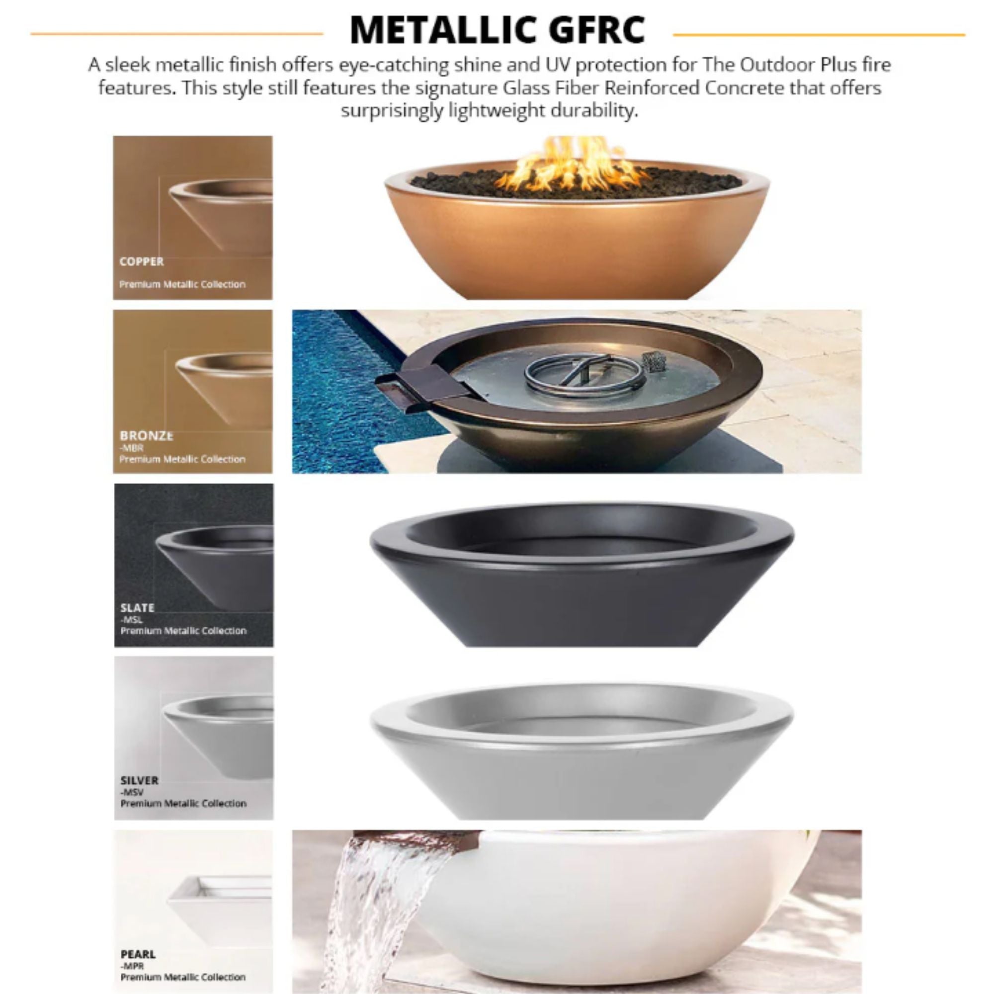 Metallic GFRC fire pit features in various colors with text about material properties.