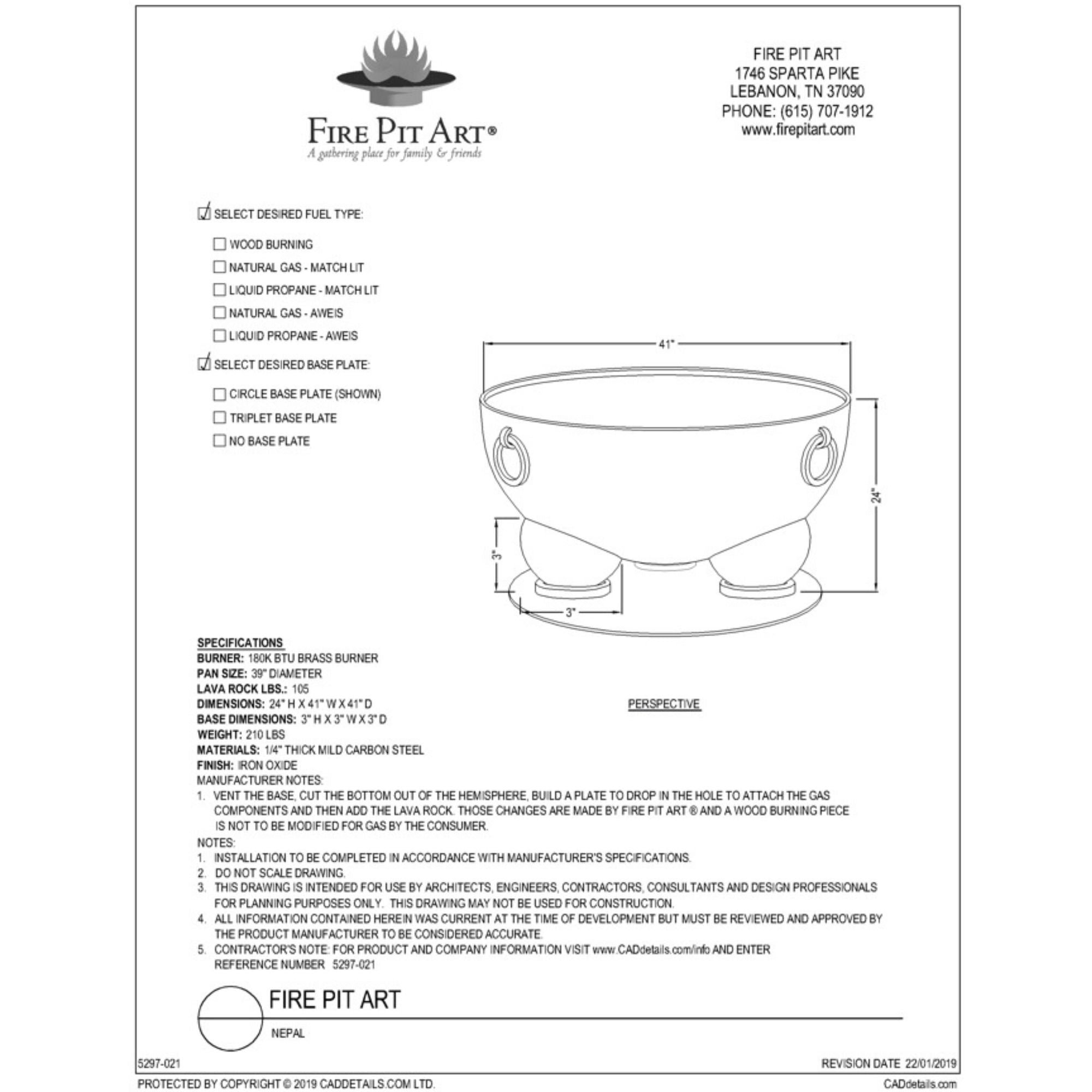 Technical drawing of a fire pit with dimensions and specifications.