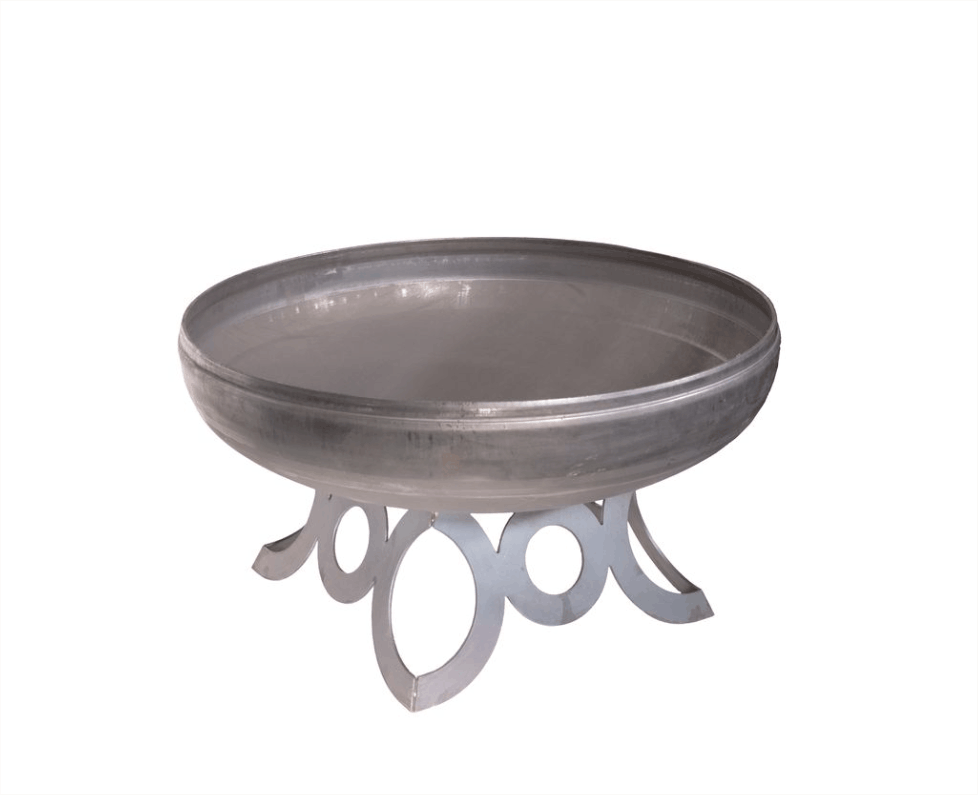 Steel firepit bowl on a decorative stand with a white background