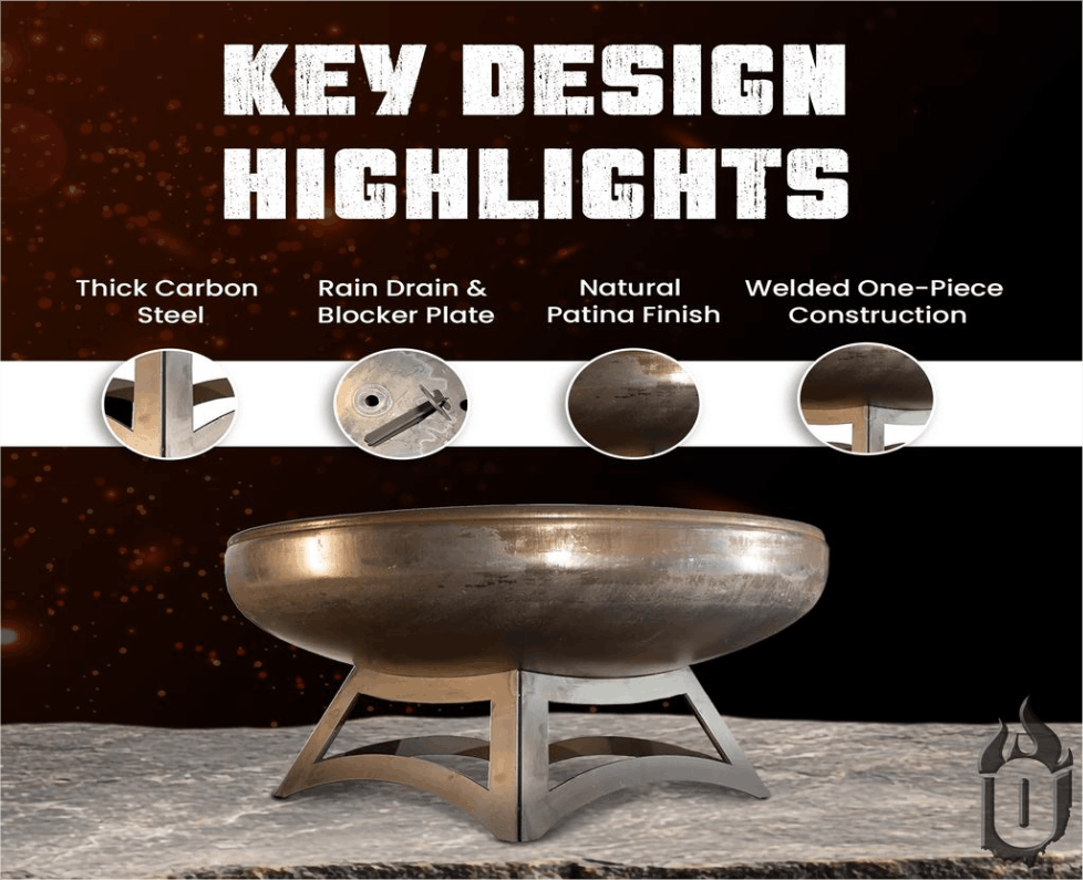 Steel fire pit with design highlights on a dark background