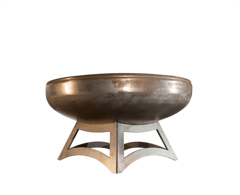 Steel firepit bowl on a stand with a white background