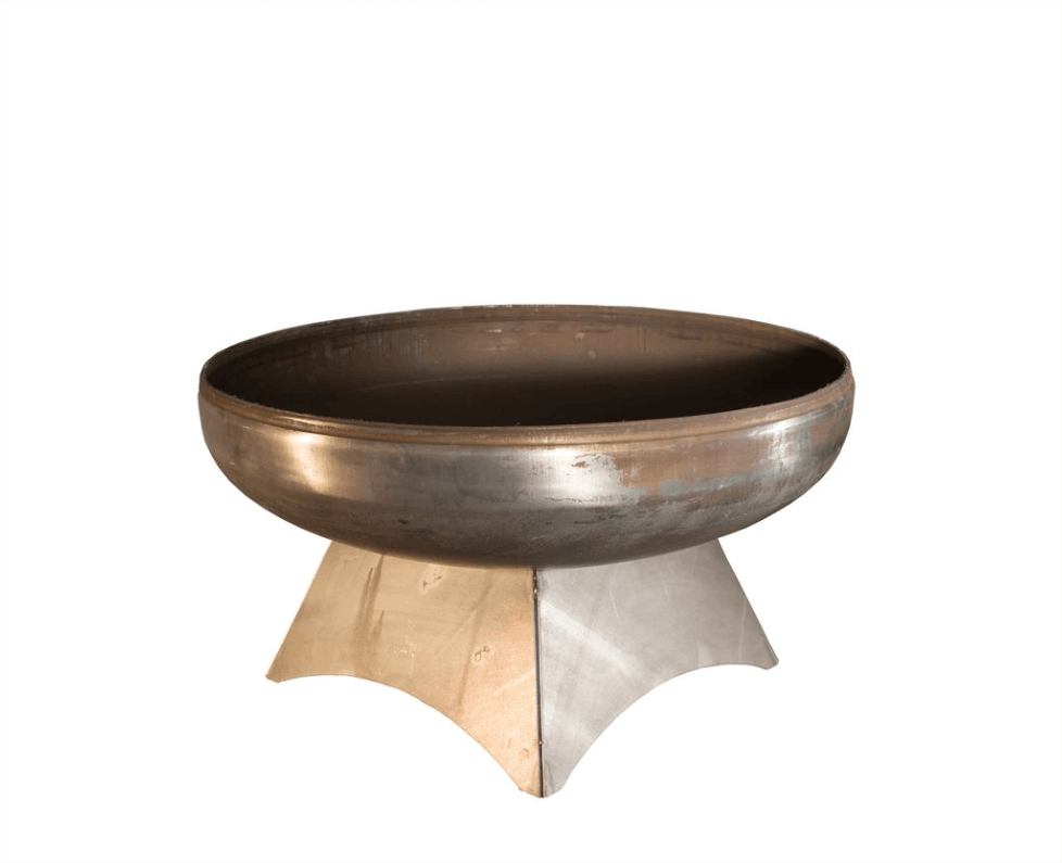 Steel firepit bowl on a stand with a white background