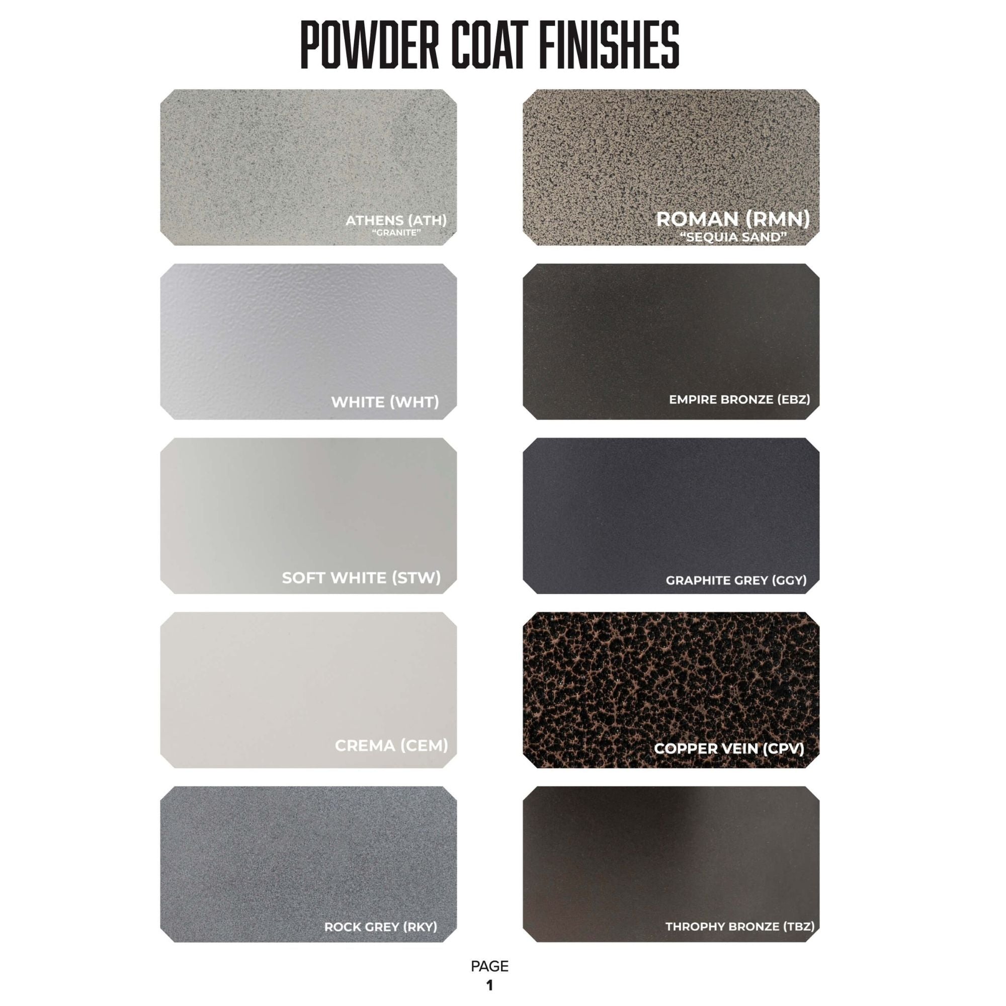 Color swatches for powder coat finishes on a white background