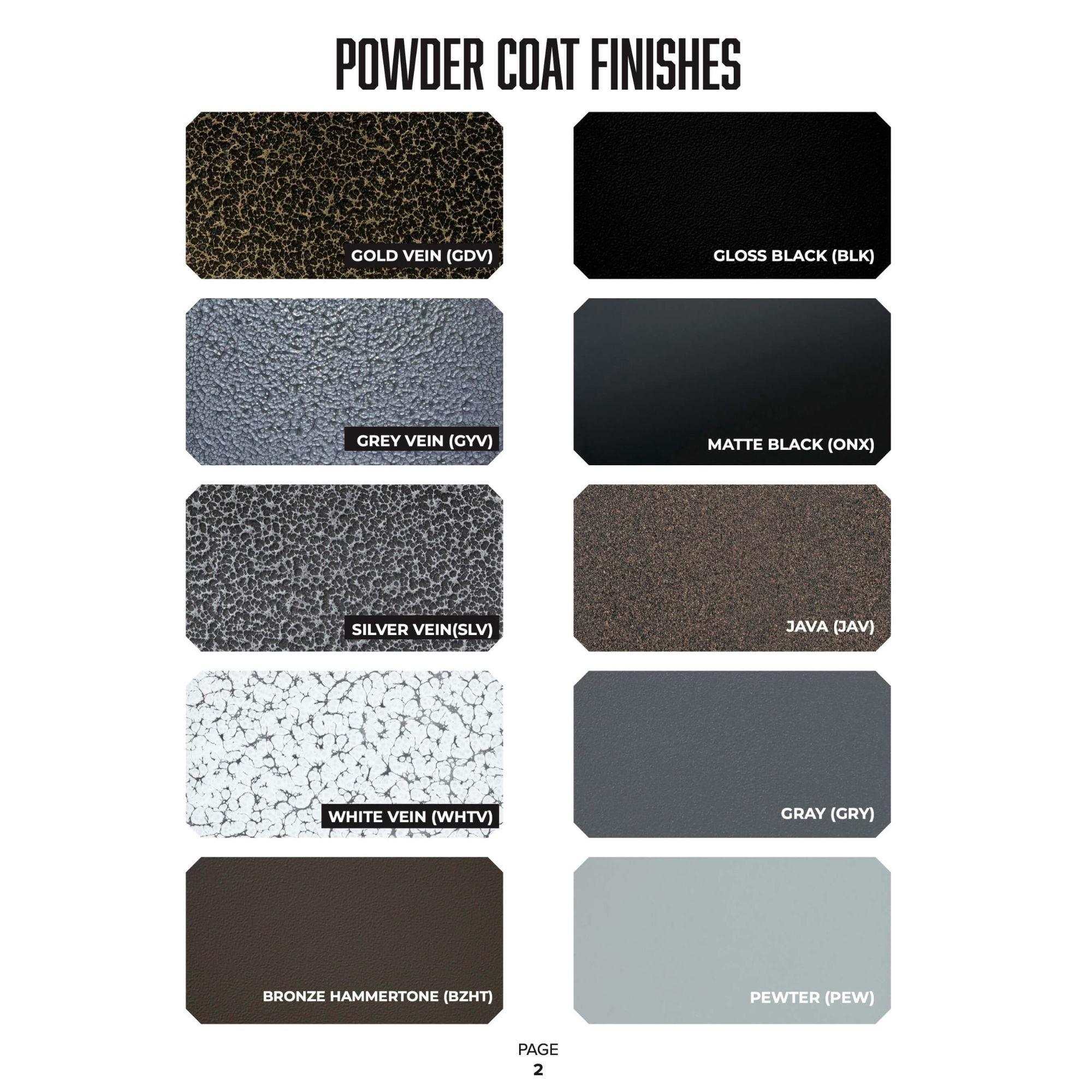 Color swatches for powder coat finishes on a white background