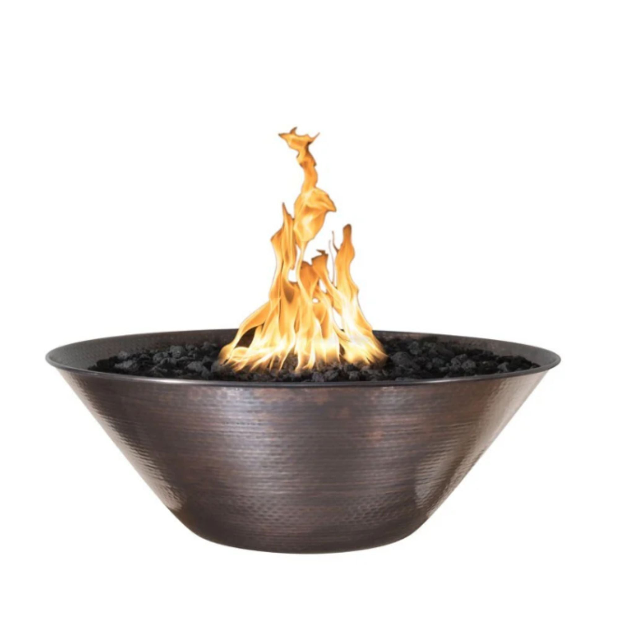 Bowl-shaped copper fire pit with flames on a white background