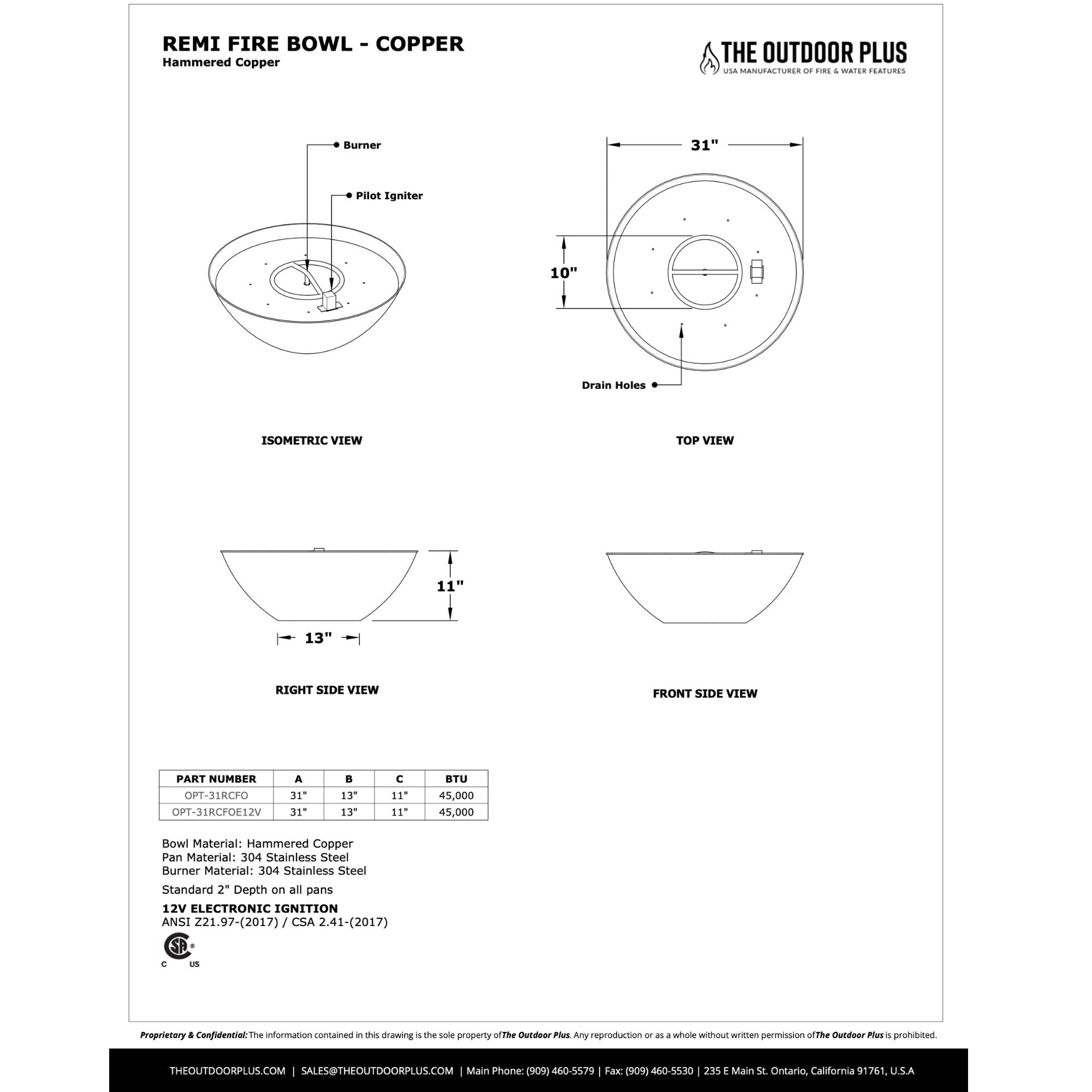 Technical drawing of a Remi fire bowl with dimensions and specifications.