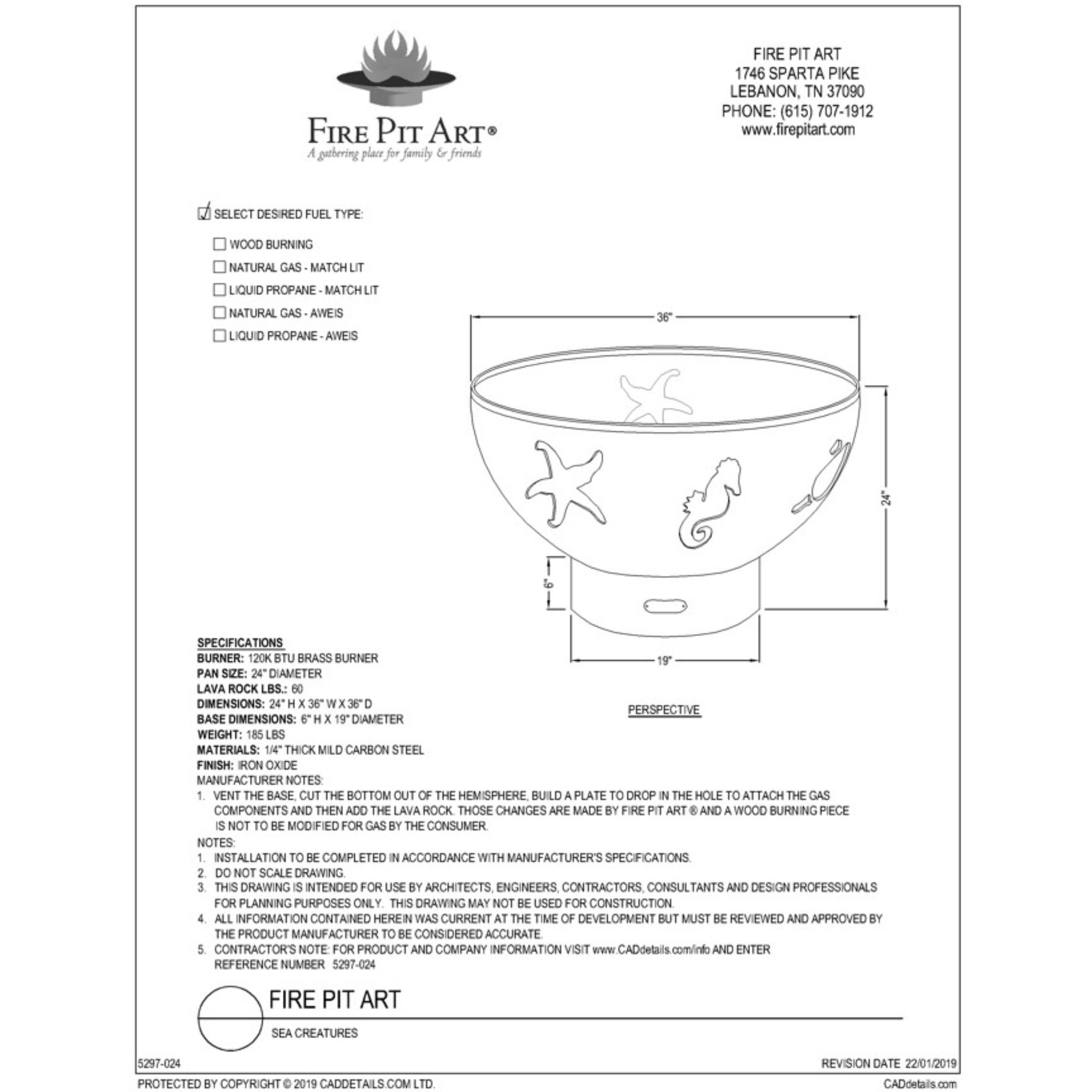 Technical drawing of a fire pit art product with dimensions and specifications.