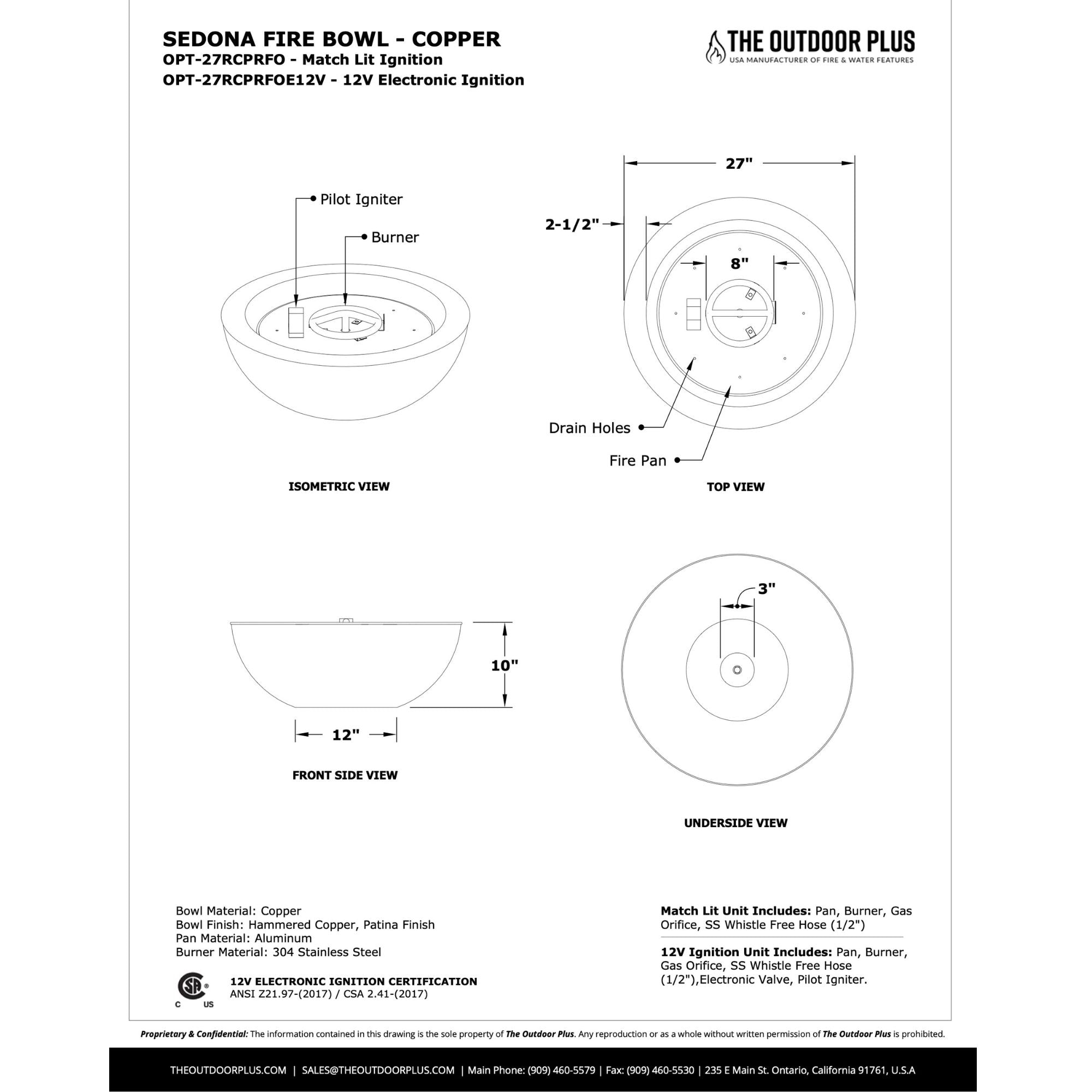 Technical diagram of a Sedona fire bowl with dimensions and features labeled.