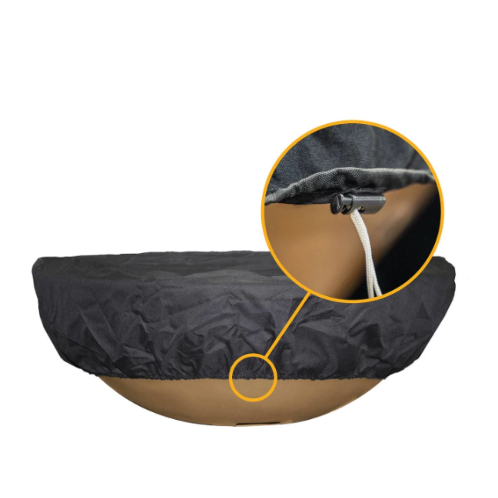 Black cover over a brown fire bowl with a close-up inset showing a connection.