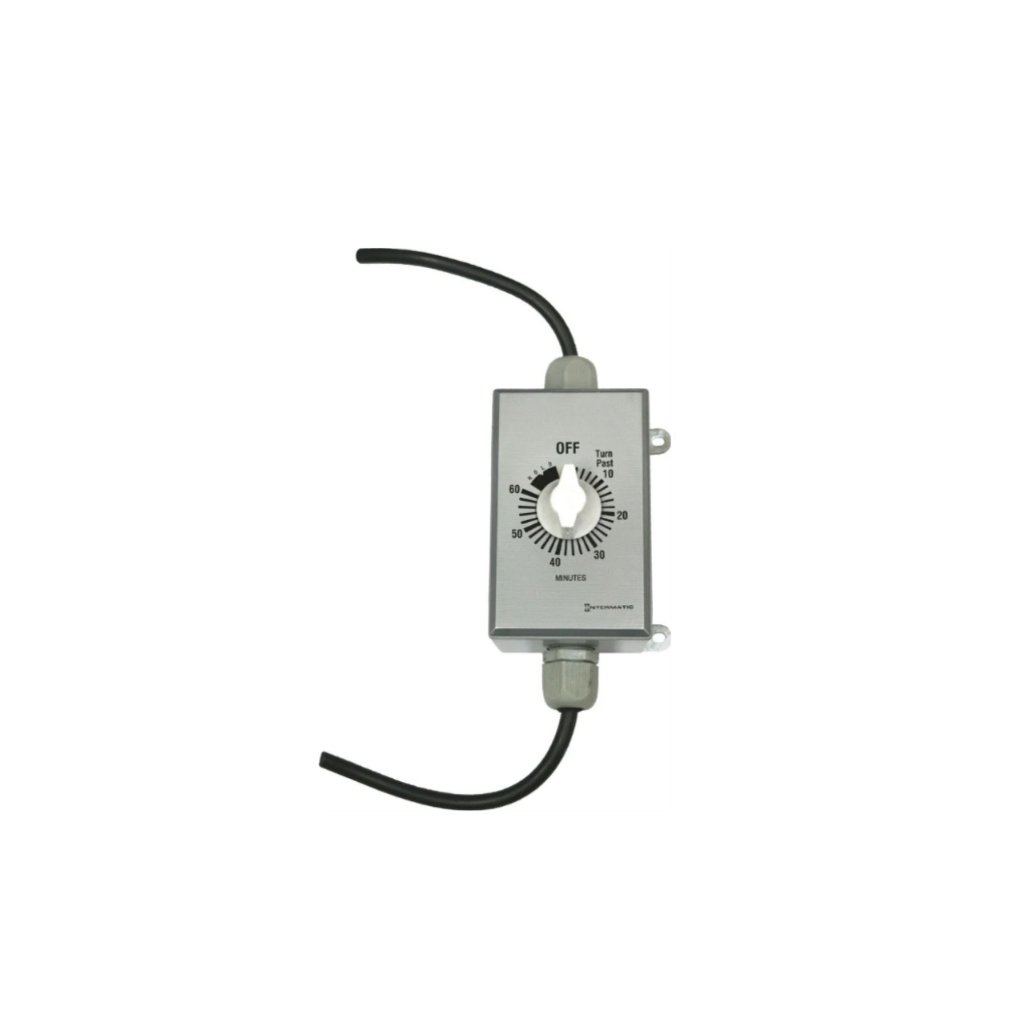 A silver metal timer switch with a black dial and two black wires, isolated on a white background.