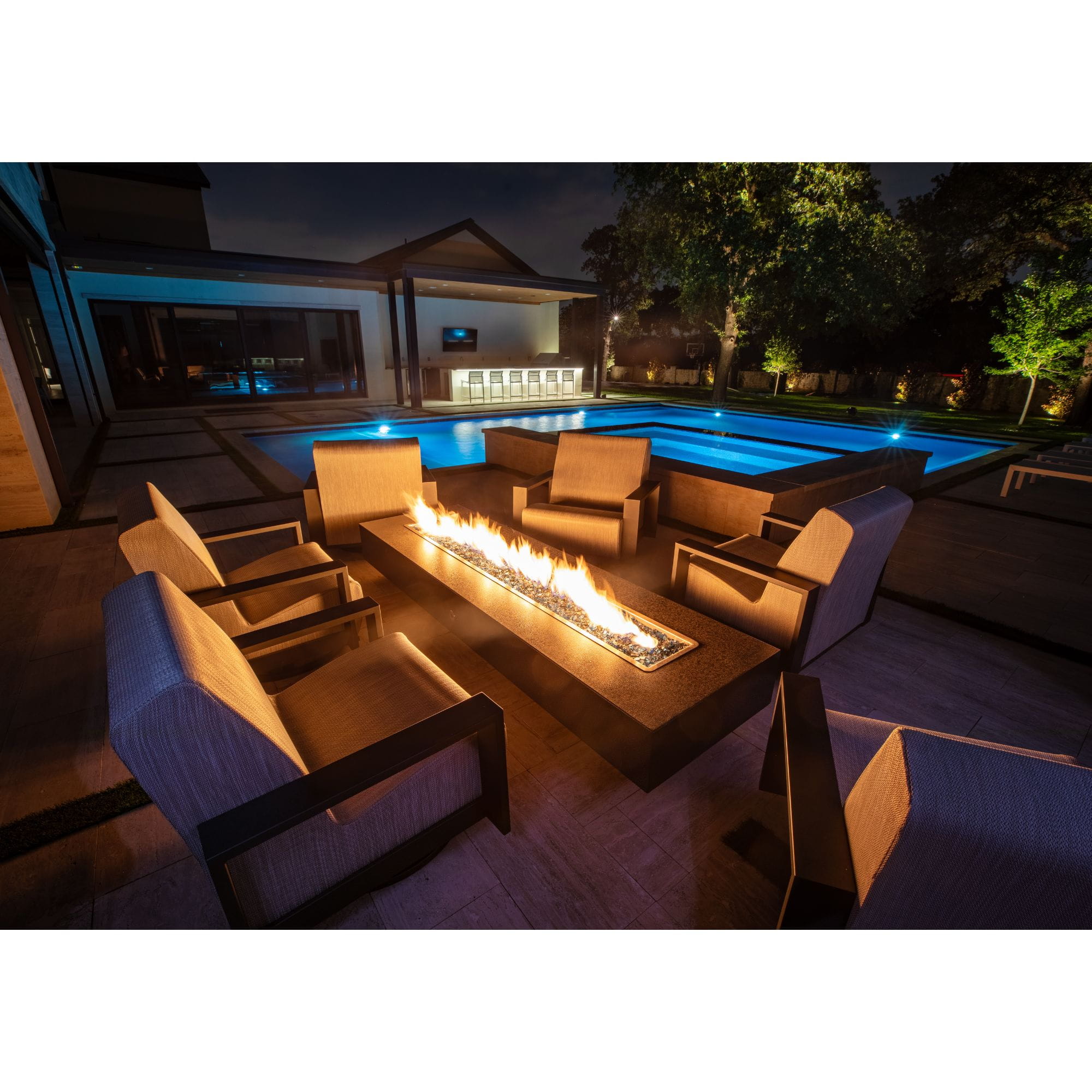 fire pit with flames in the evening