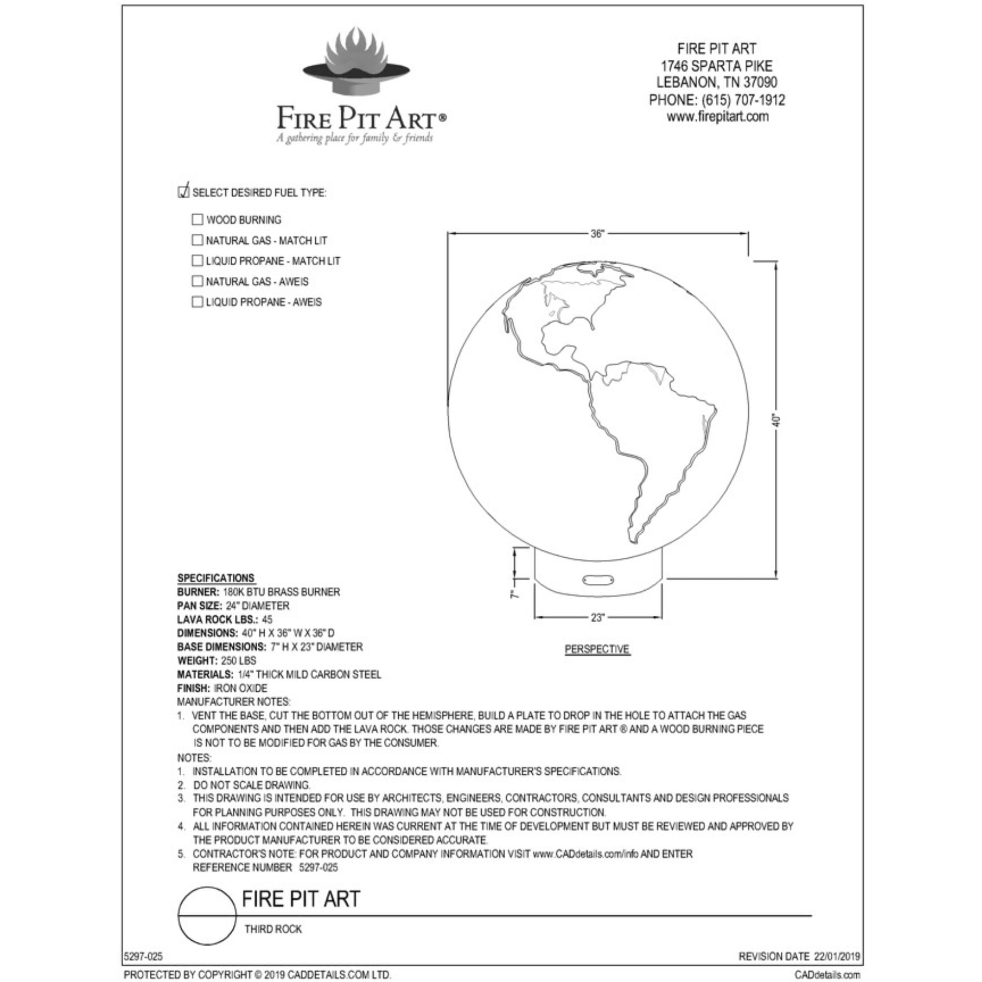 Technical drawing of a fire pit art product with dimensions and specifications.