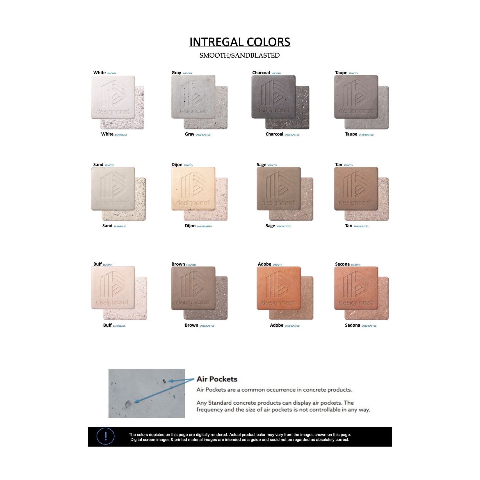 Color swatches for concrete products with text on intregal colors and air pockets.