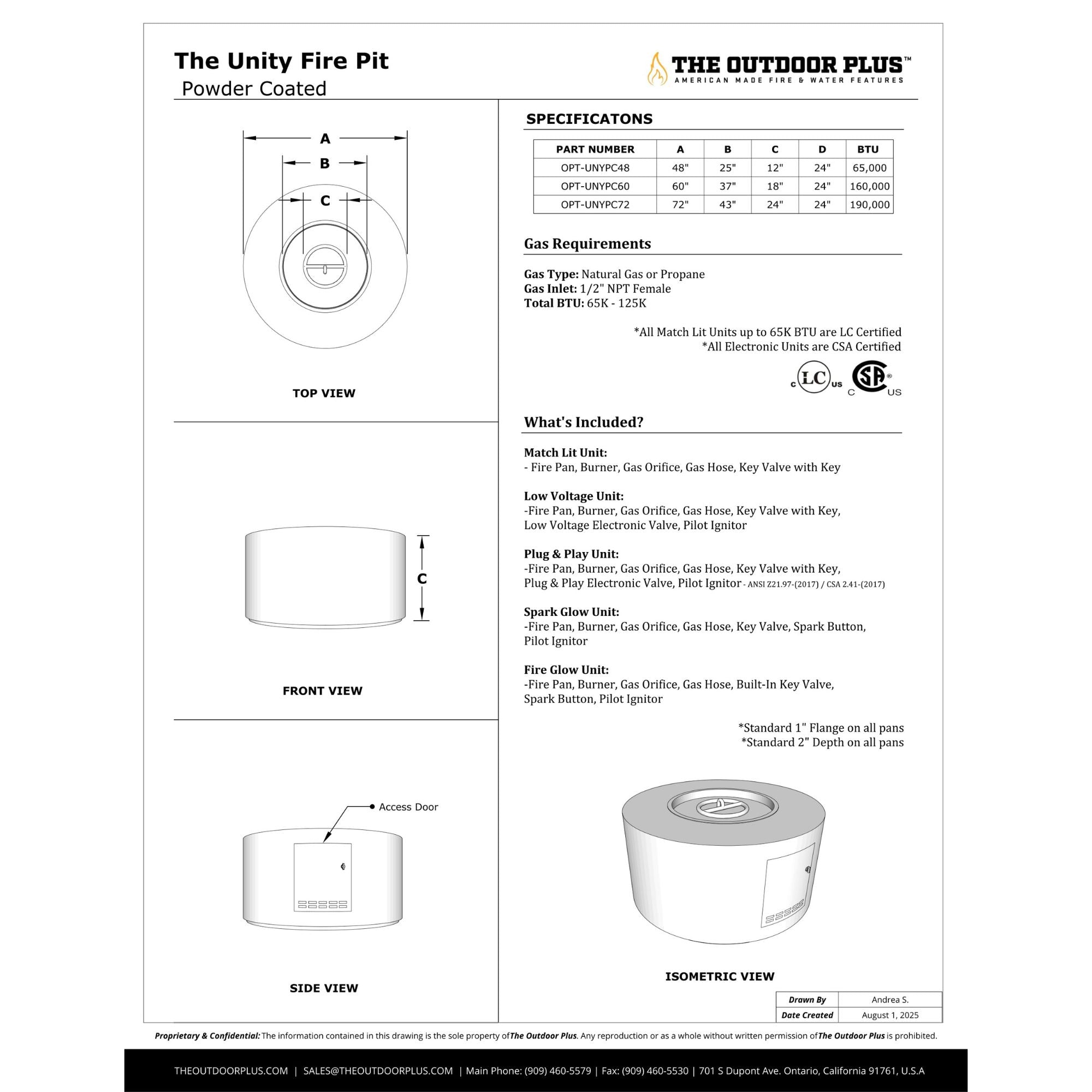 Technical specifications and views of a powder-coated fire pit from The Outdoor Plus.