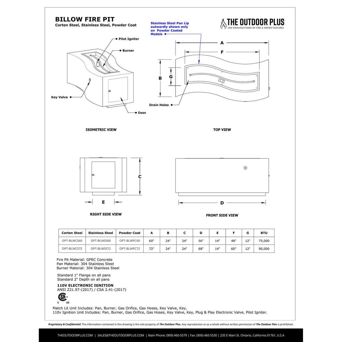 Billow Fire Pit spec sheet with dimensions