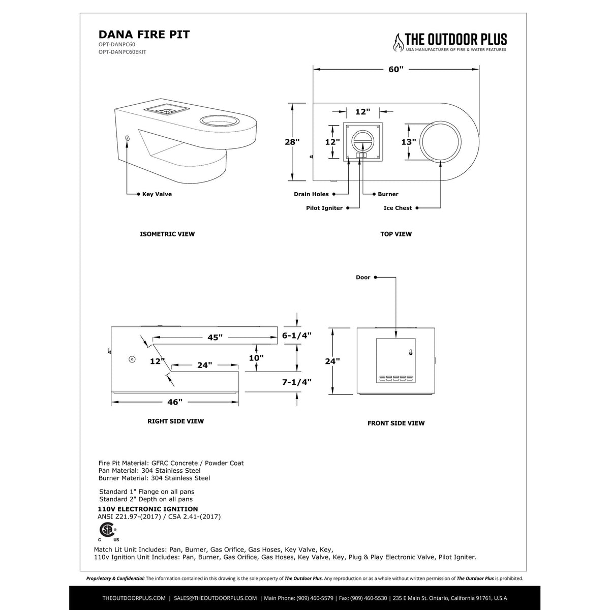Dana Fire Pit spec sheet with dimensions