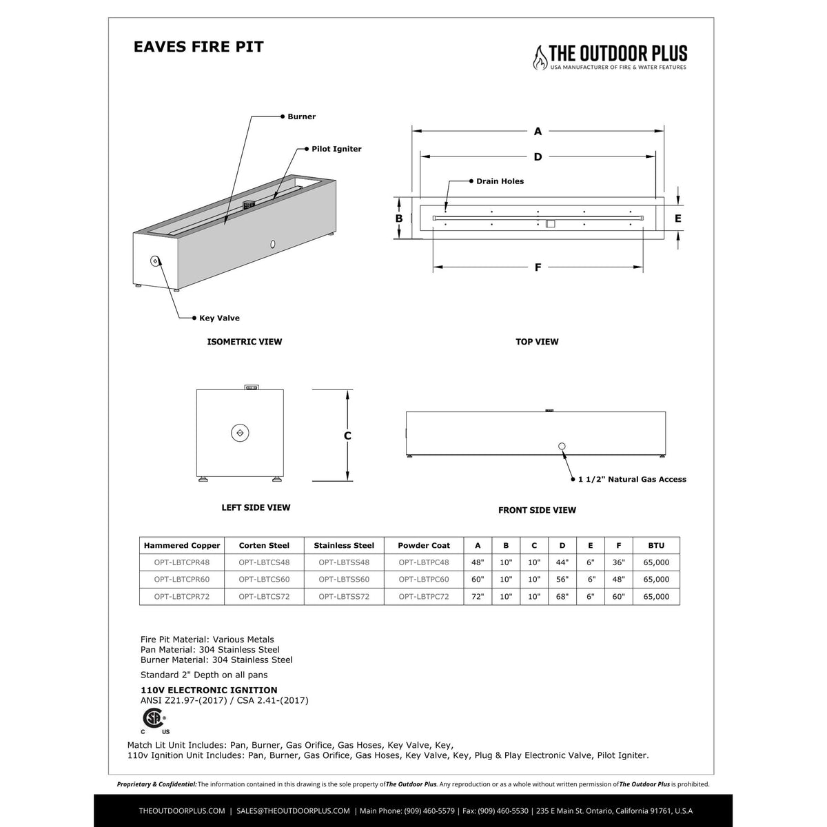 Eaves Fire Pit spec sheet with dimensions