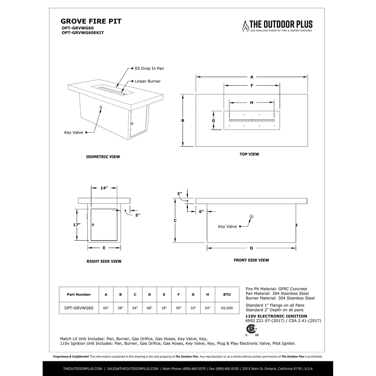 Grove Fire Table spec sheet with dimensions