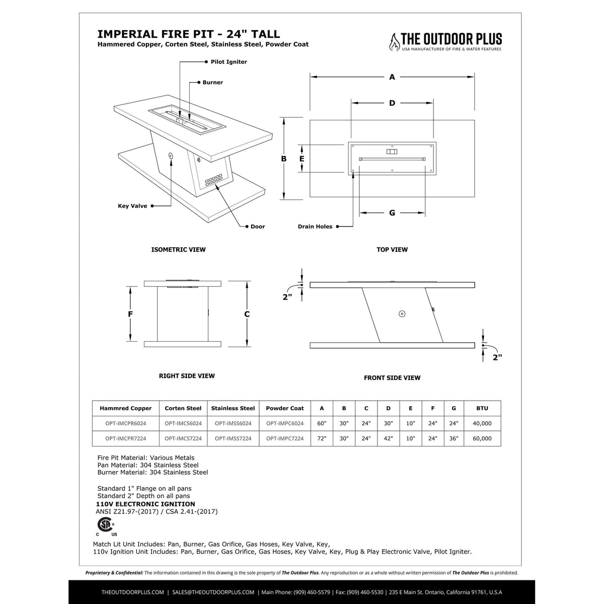 Imperial Fire Pit 24" Tall spec sheet with dimensions