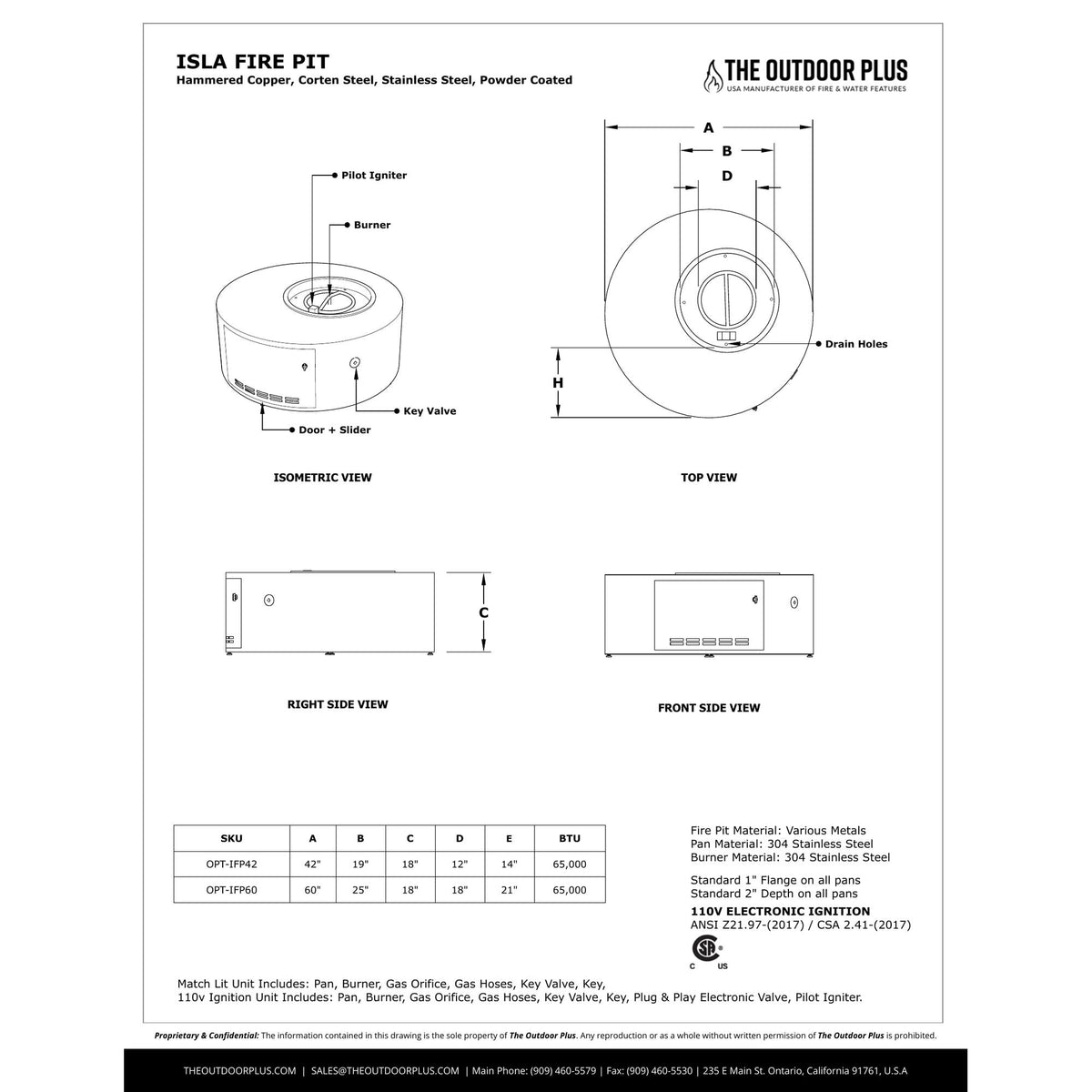 Isla Fire Pit spec sheet with dimensions