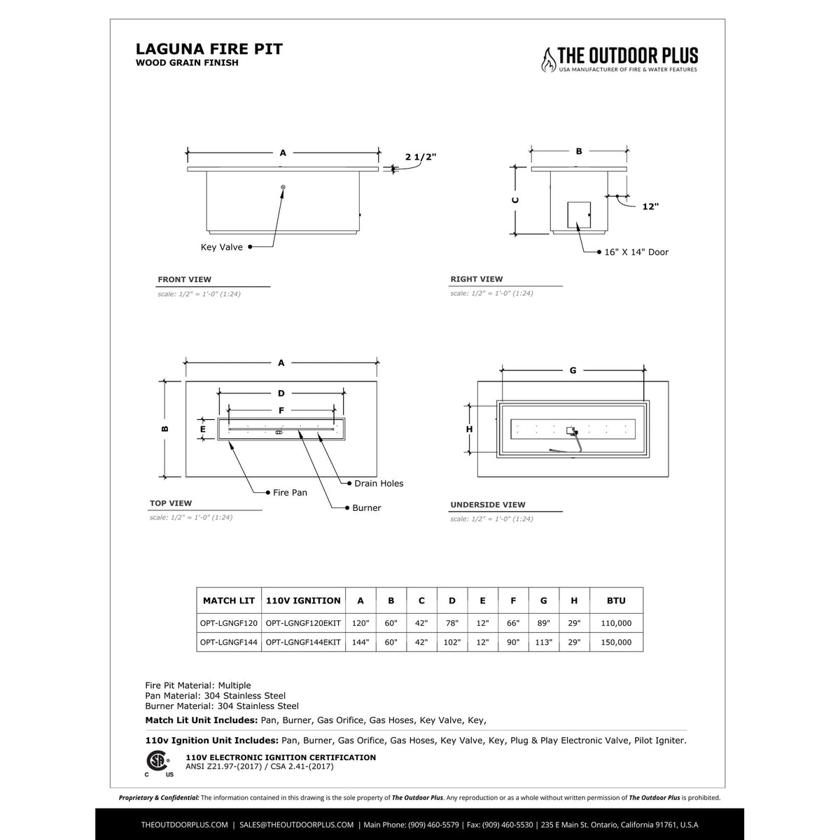 Laguna Fire Table spec sheet with dimensions