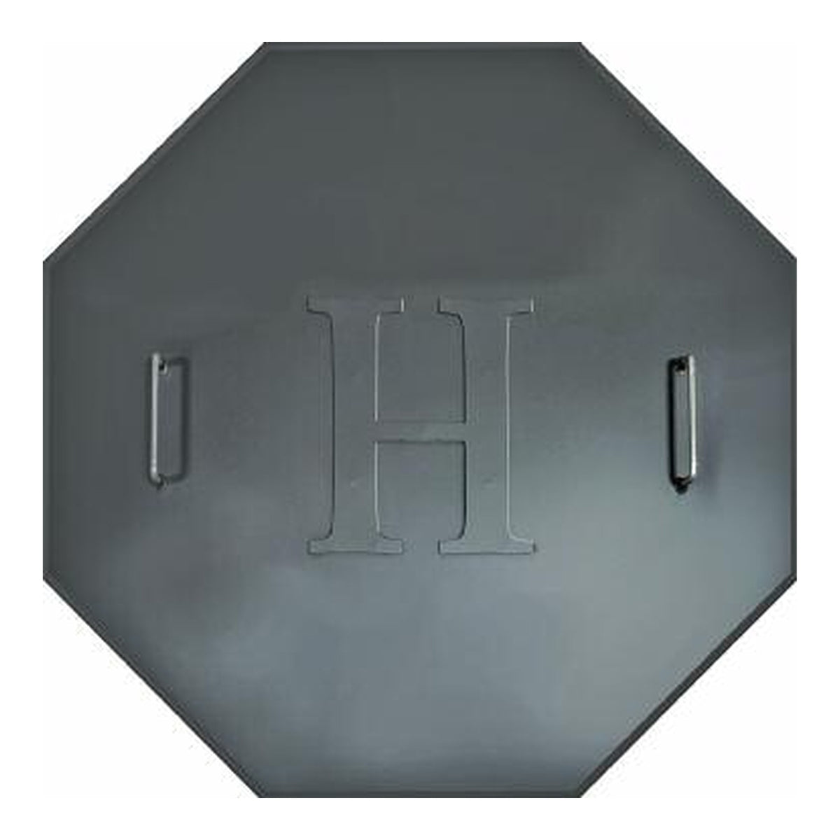 Master Flame one piece octagonal fire pit cover with two handles, shown with optional monogram