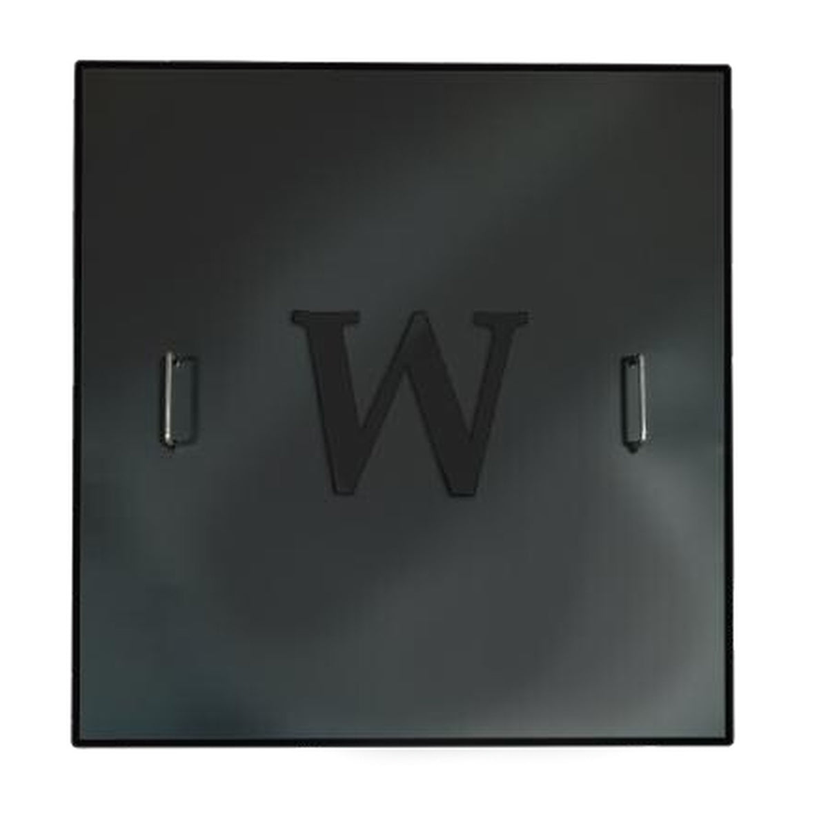 Master Flame one piece square fire pit cover with two handles, shown with optional monogram