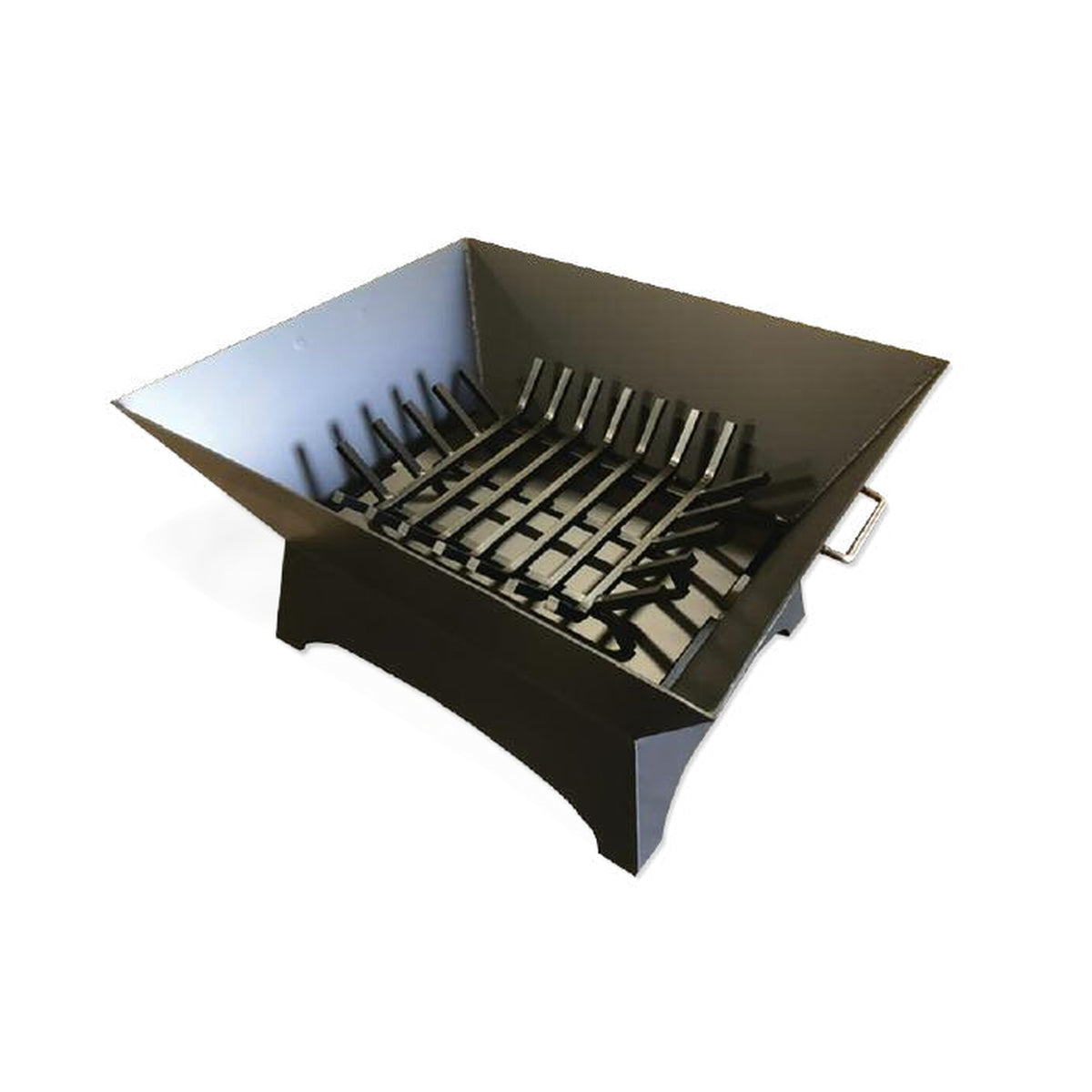 Master Flame square welded steel fire pit with included steel fire grate, shown without safety screen