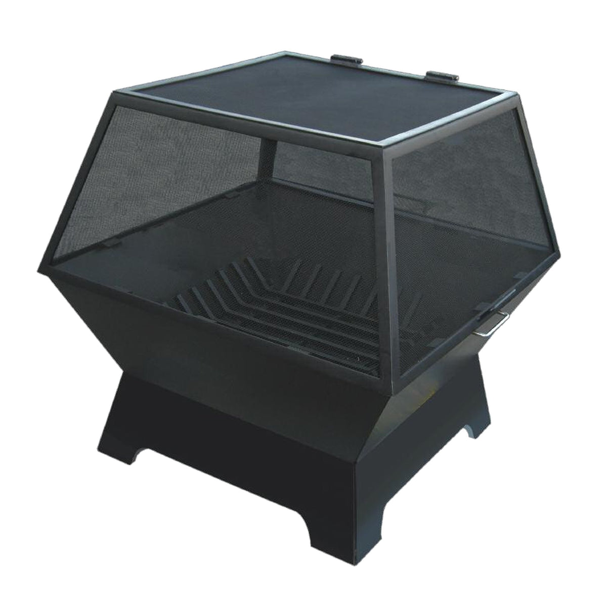 Master Flame square welded steel wood-burning fire pit with fire grate and optional hinged safety screen