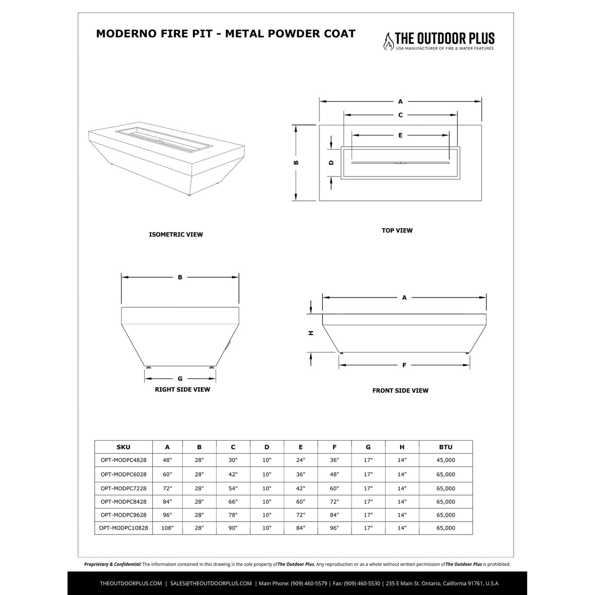 Moderno Fire Pit spec sheet with dimensions