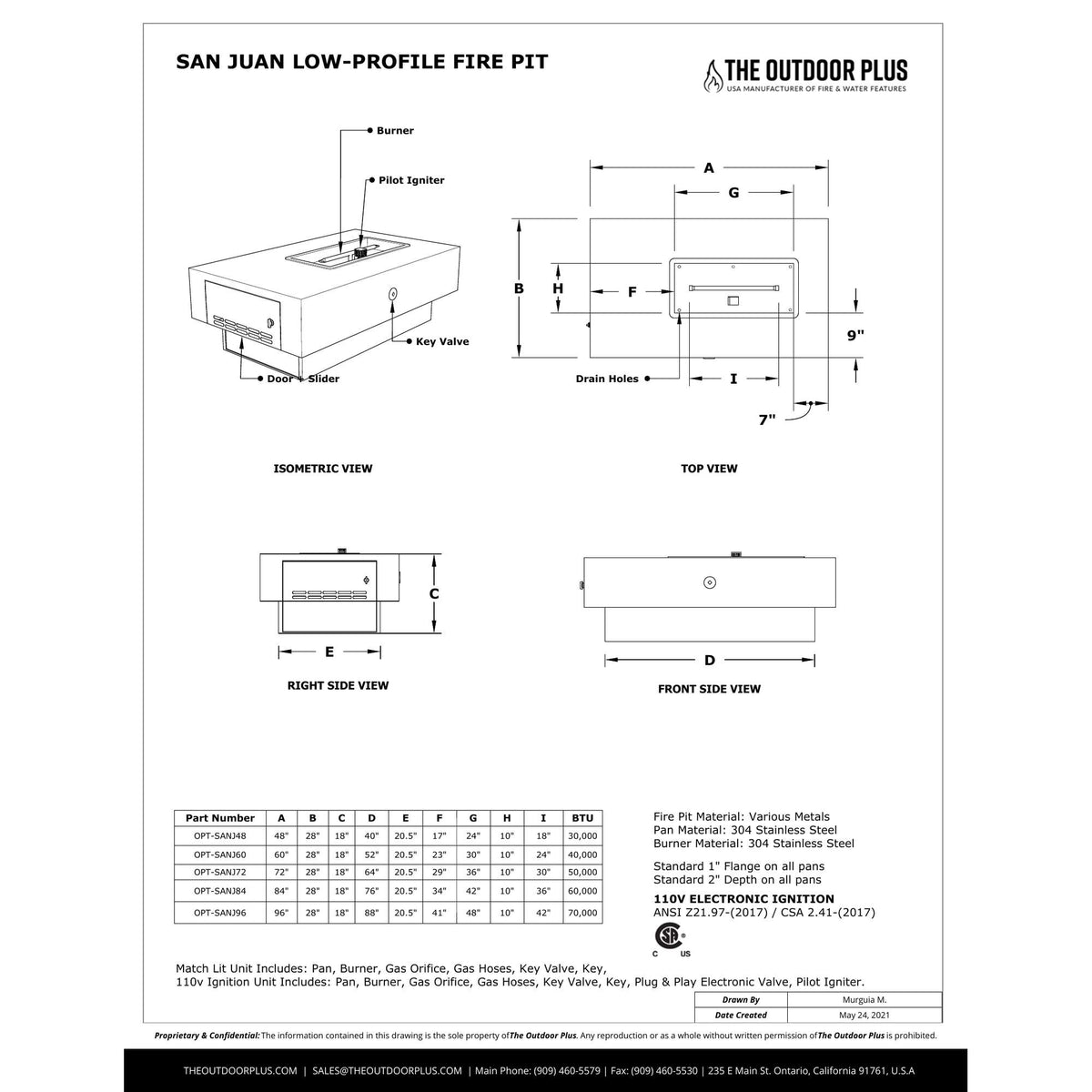 San Juan Fire Pit (page 1 of 2) spec sheet with dimensions