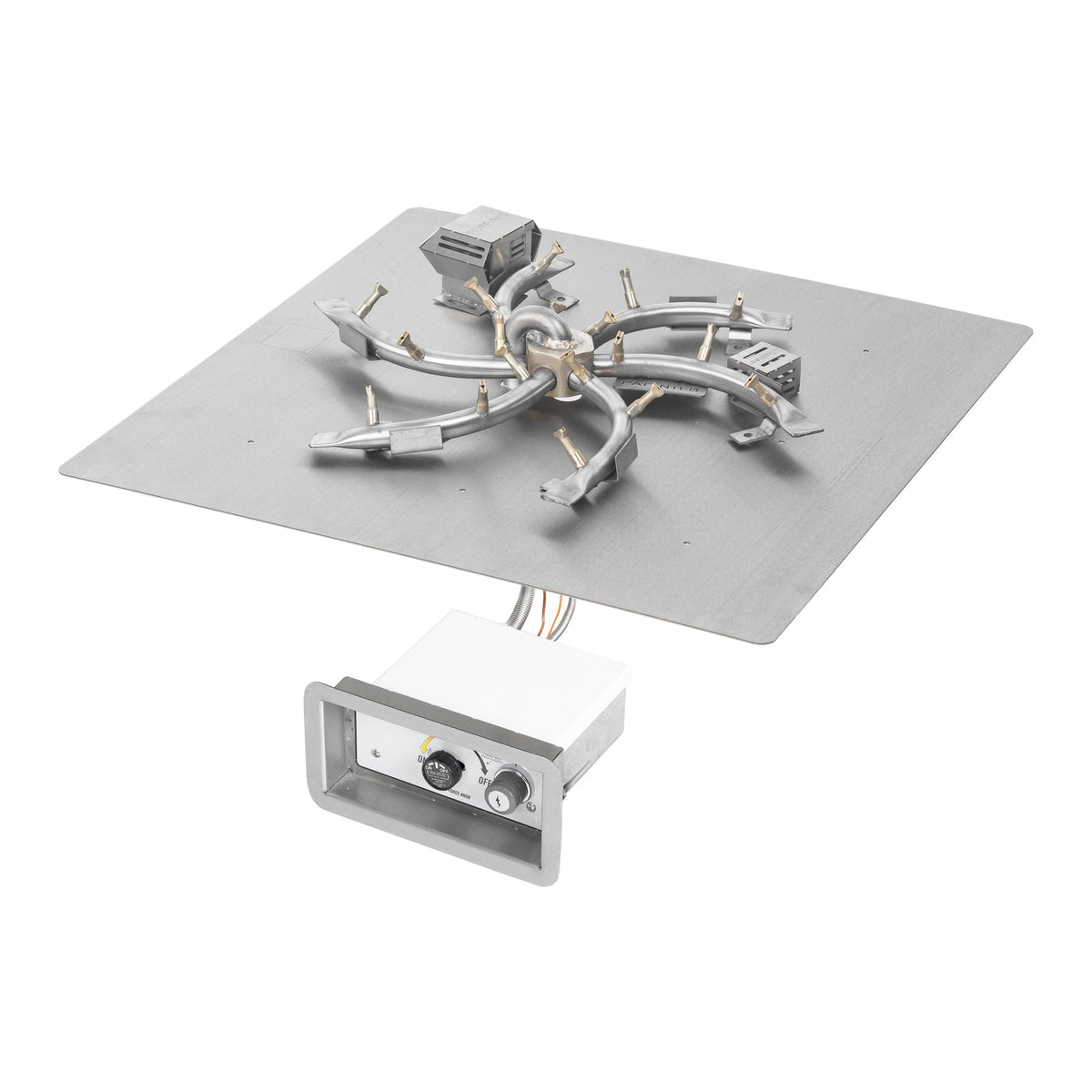 Square flat pan with brass triple 'S' bullet burner, Flame Sense w/ Spark Ignition