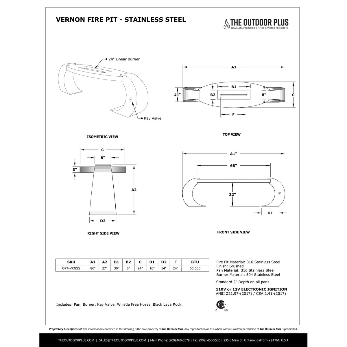 Vernon Fire Pit spec sheet with dimensions