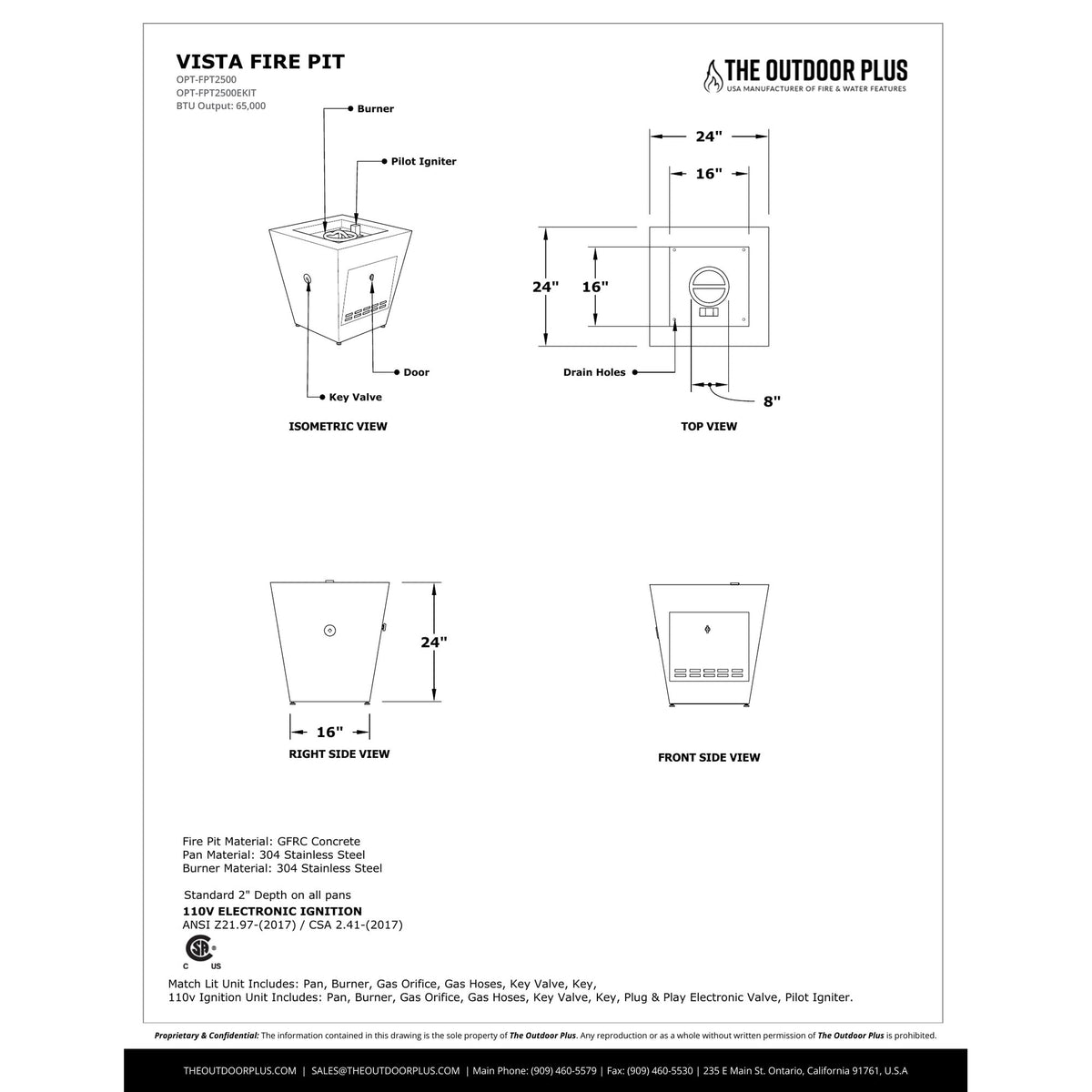 Vista Fire Pit spec sheet with dimensions