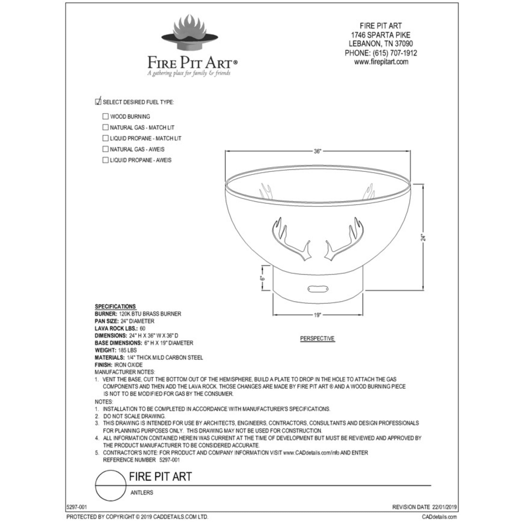 Technical drawing of a fire pit with dimensions and specifications, branded 'Fire Pit Art'.