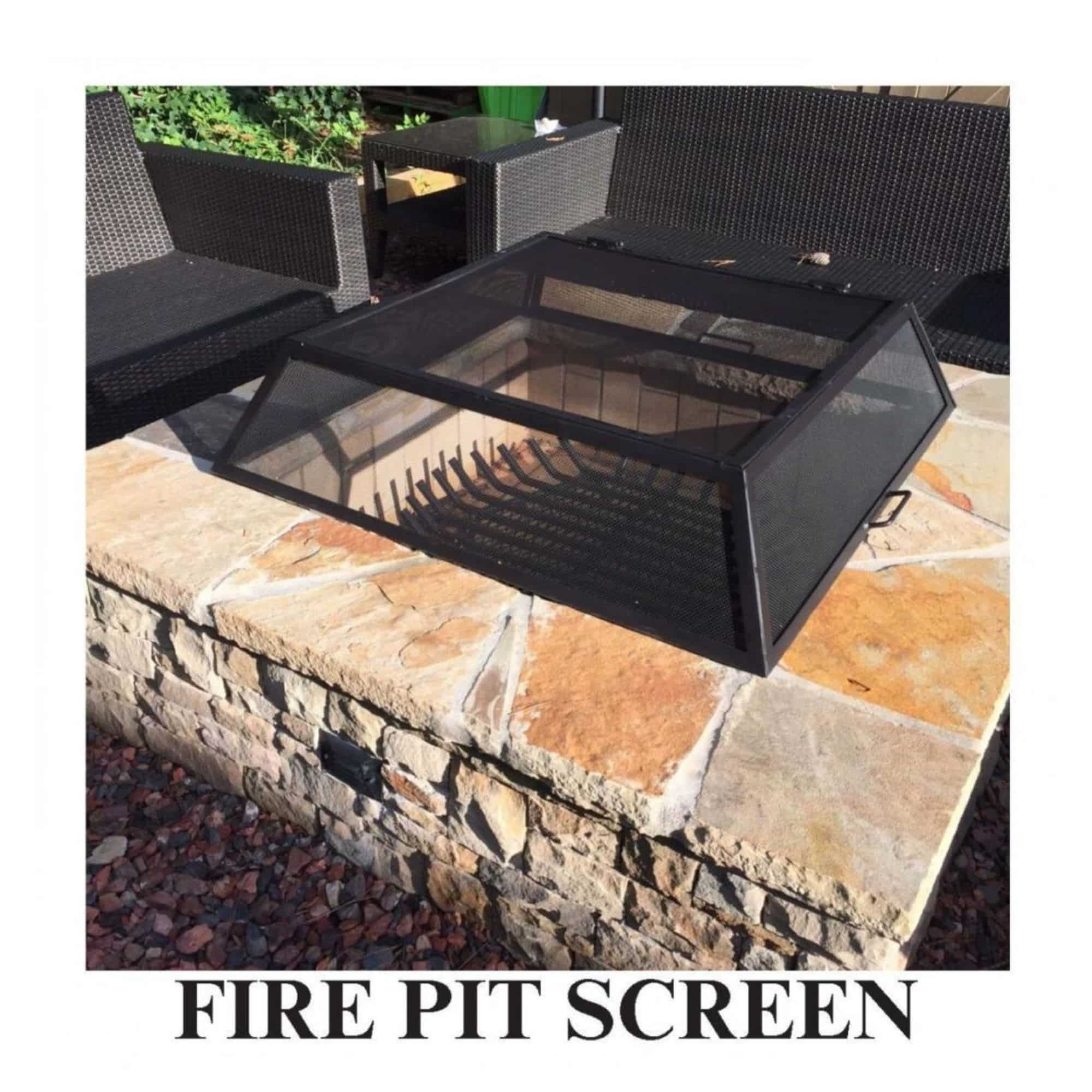 A black metal fire pit screen with a slotted lid, shown installed over a stone fire pit outdoors. The image includes the text 'FIRE PIT SCREEN' at the bottom.