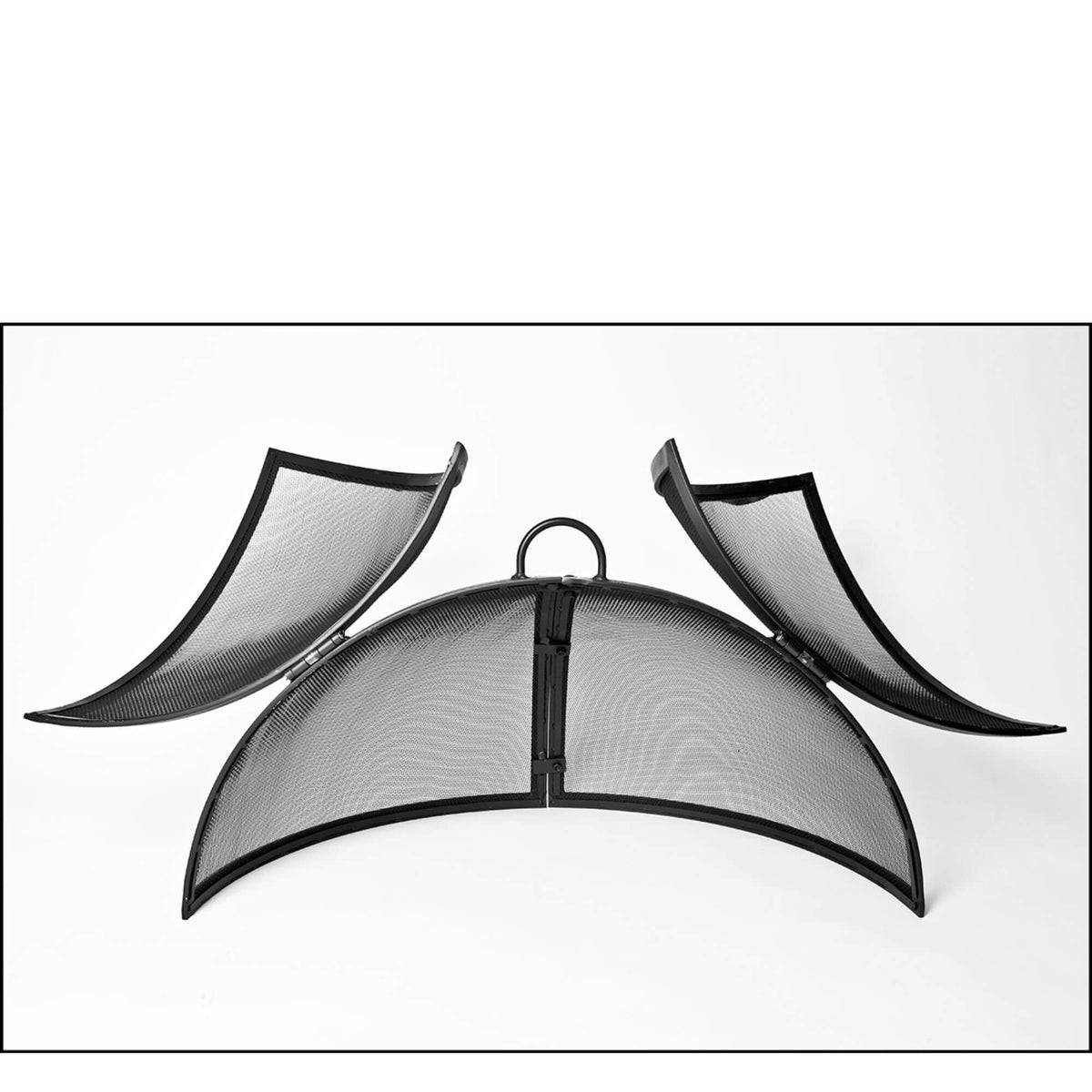 Black metal mesh dome food cover with a central handle and two hinged side panels, shown open on a white background.