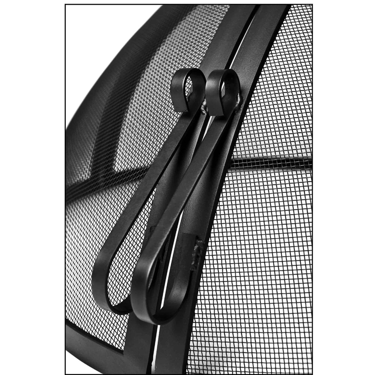 Close-up of a black metal mesh screen panel with a curved frame and hanging loops, shown against a white background.