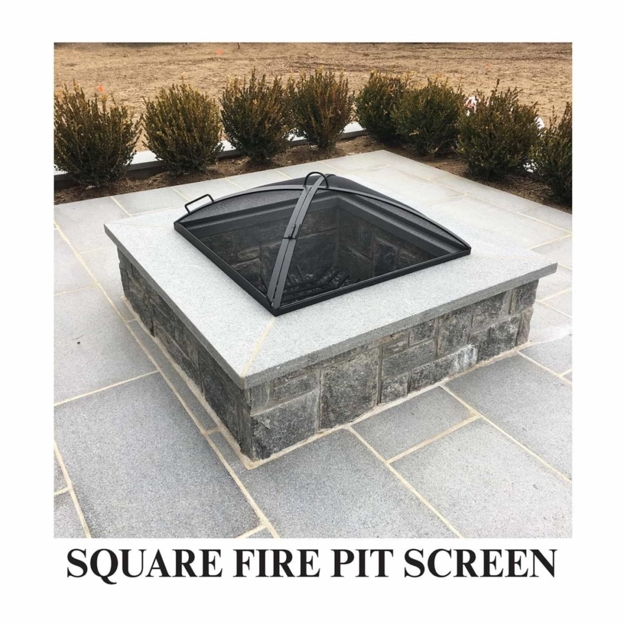 Square low profile black firepit screen on a  stone firepit