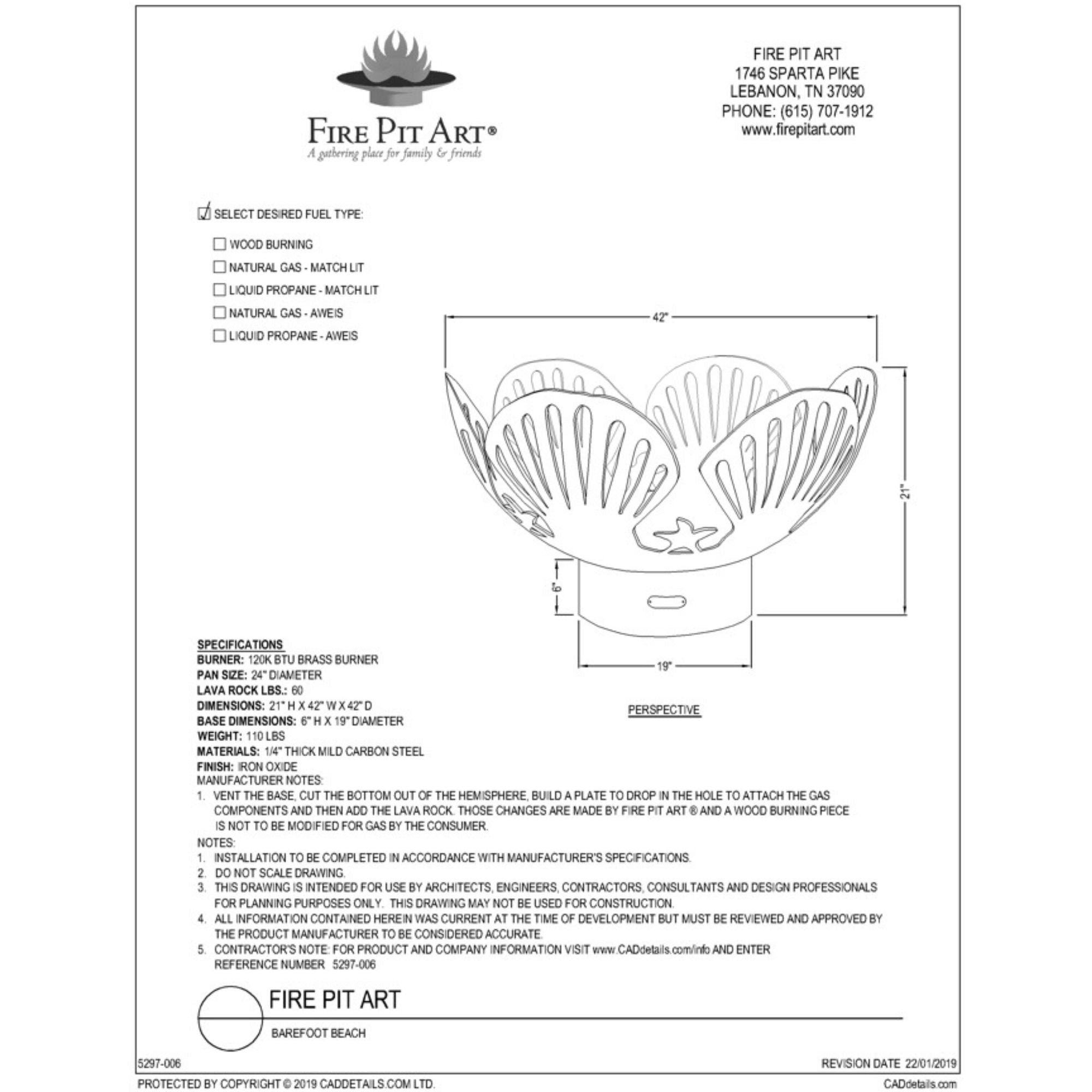 Technical drawing of a fire pit art product with dimensions and specifications.