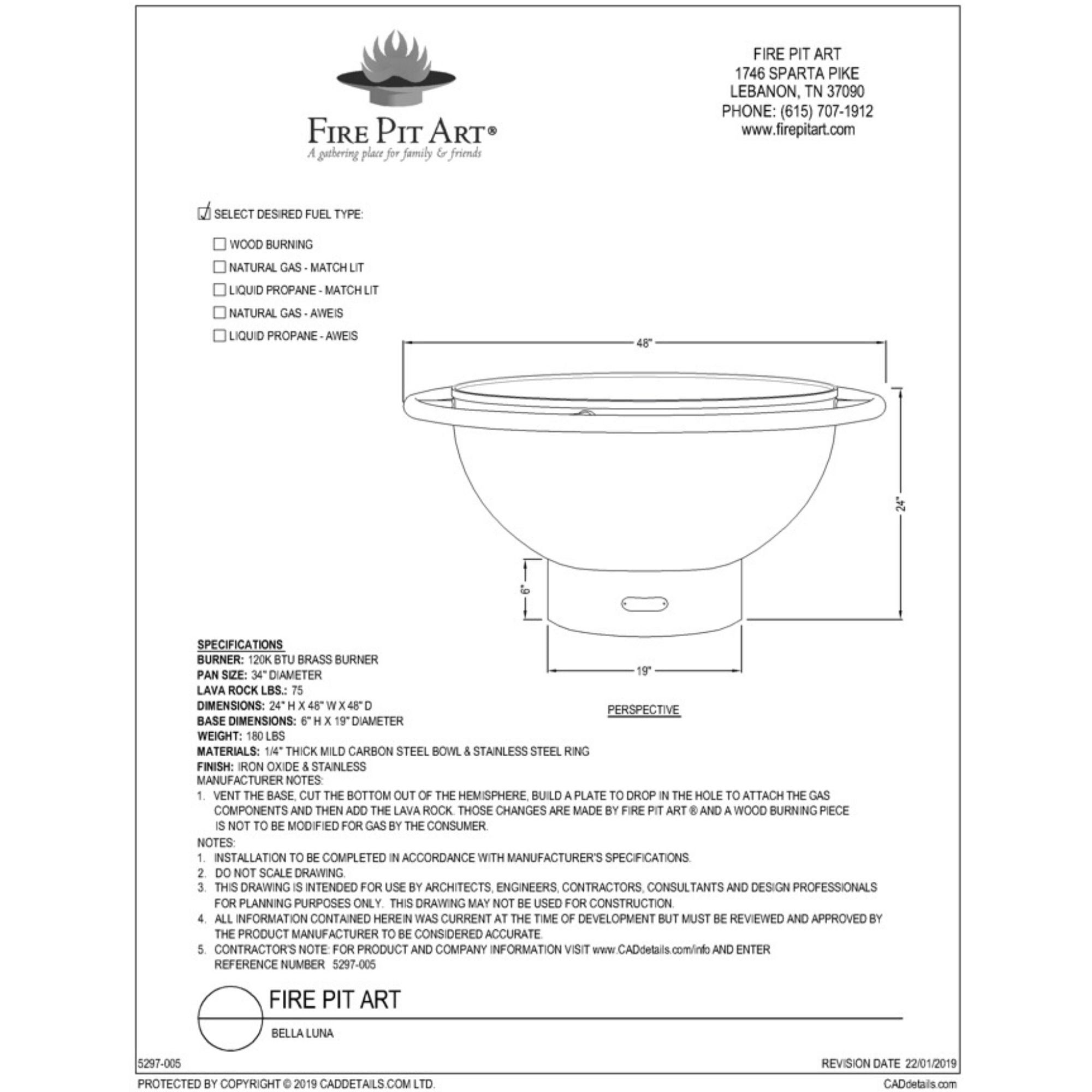 Technical drawing of a fire pit with dimensions and specifications.