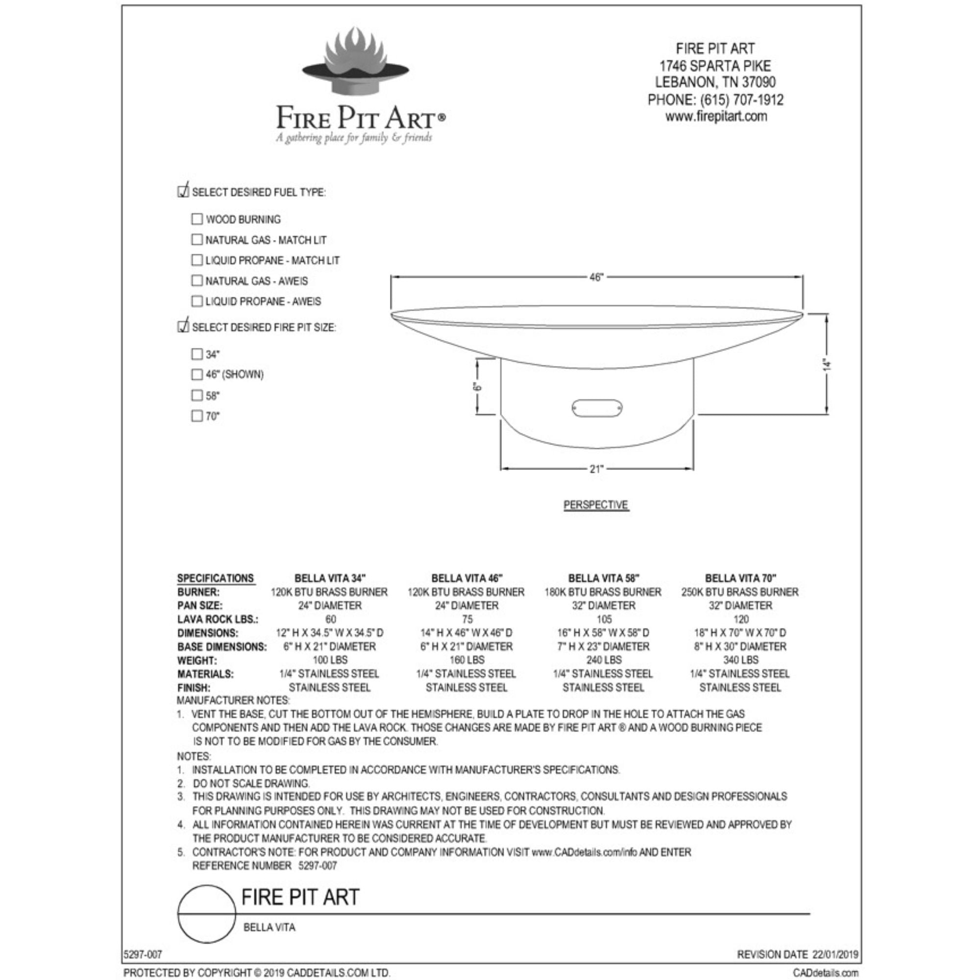 Technical drawing of a fire pit with dimensions and specifications on a white background