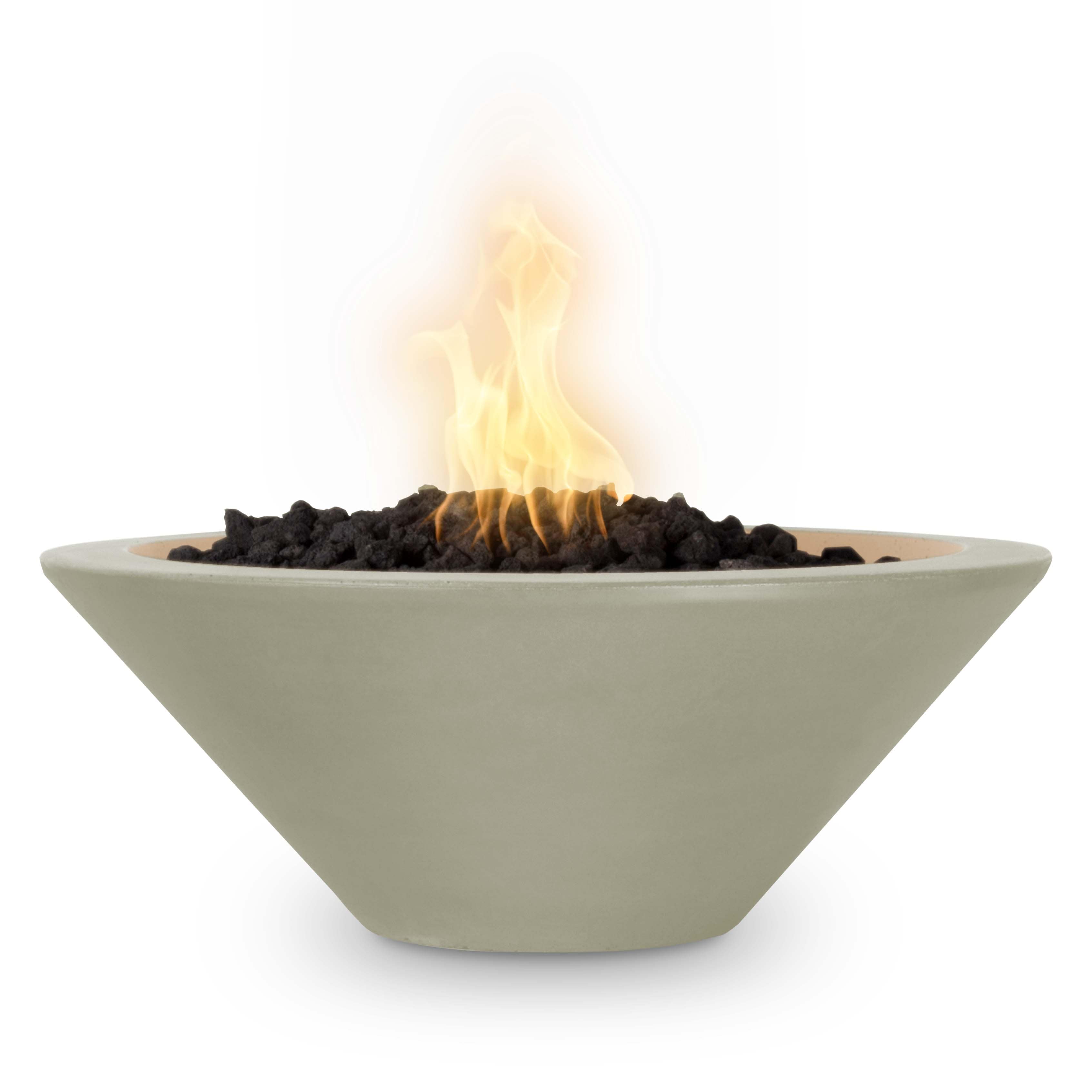Concrete fire bowl with flames on a white background