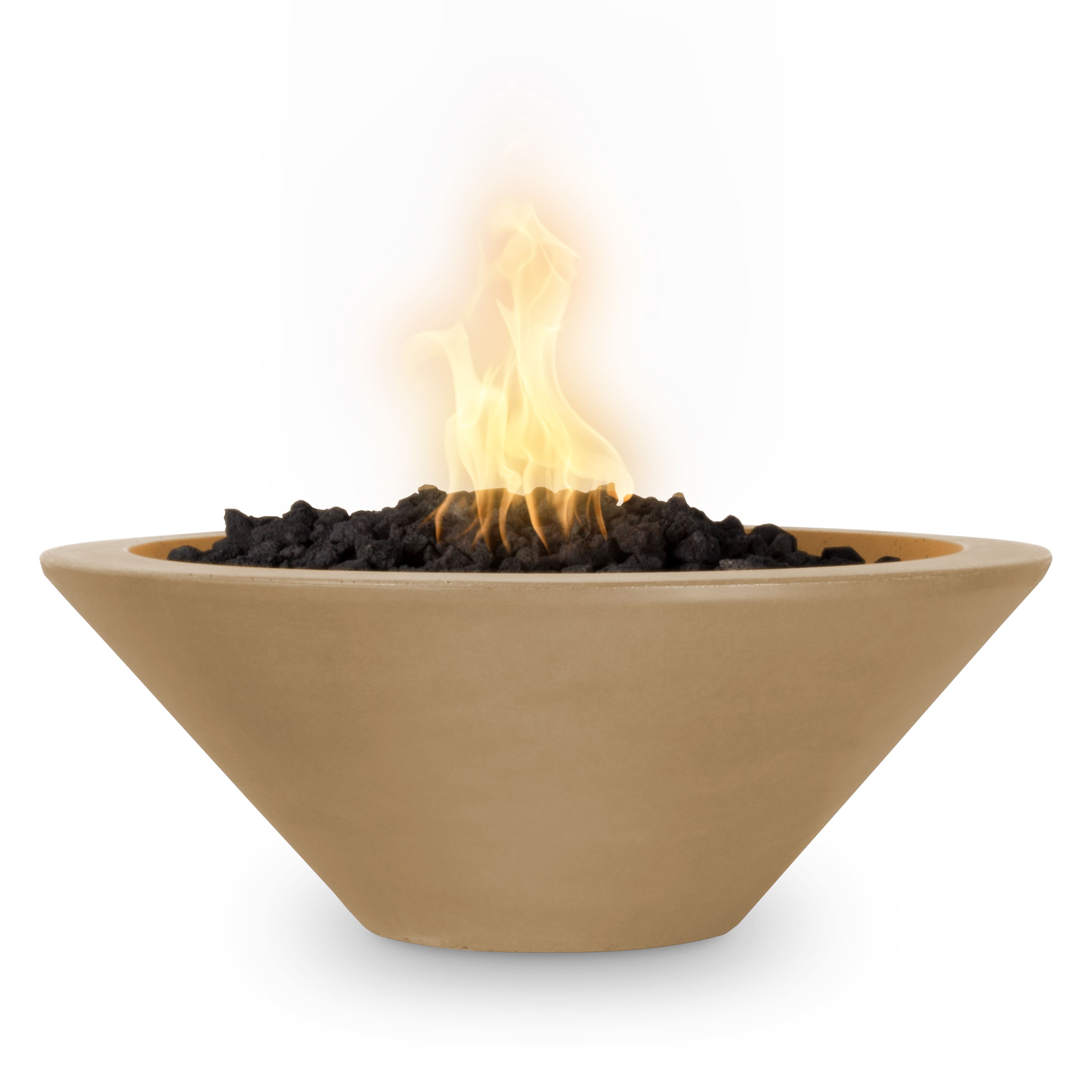 Concrete fire bowl with flames on a white background