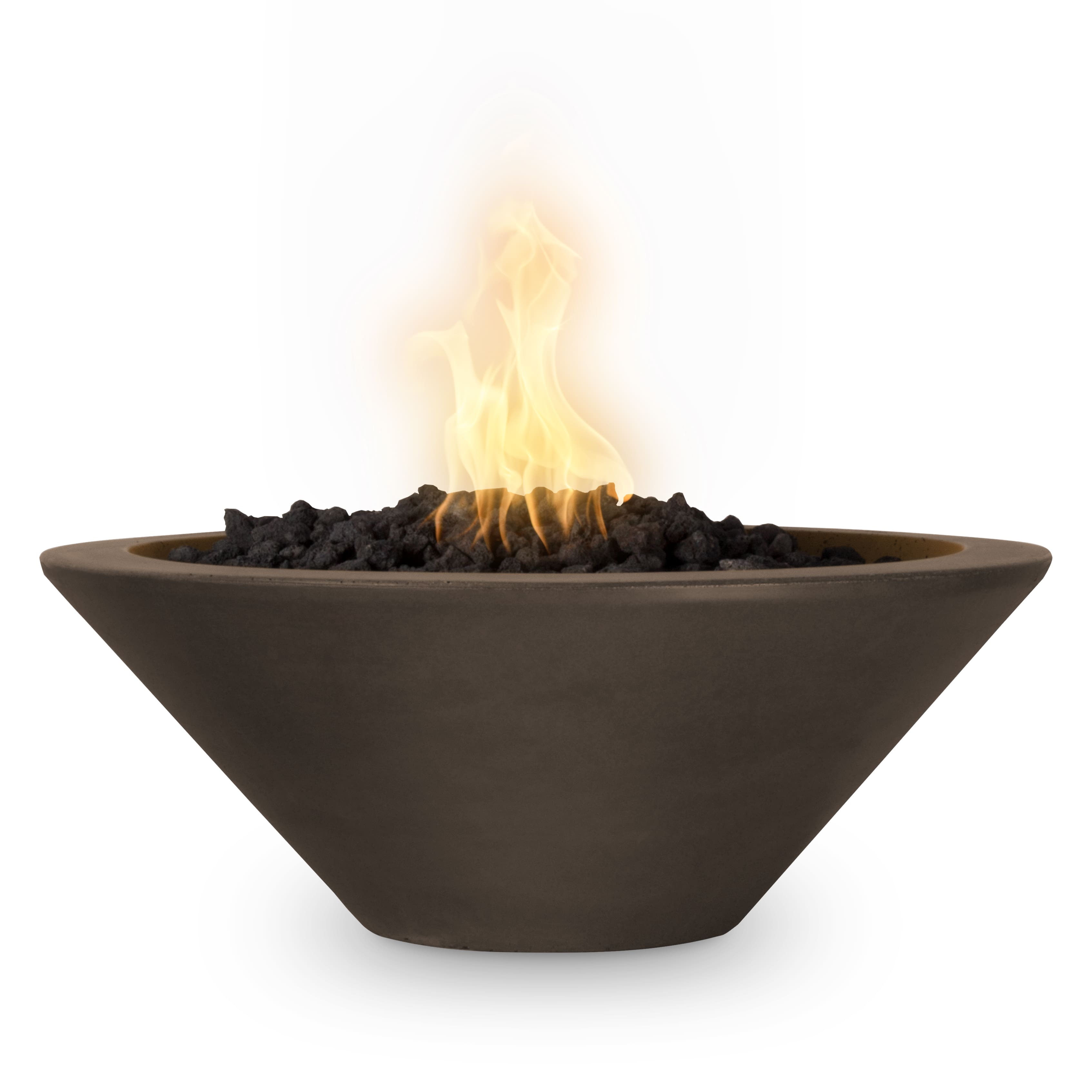 Bowl-shaped fire pit with flames on a white background