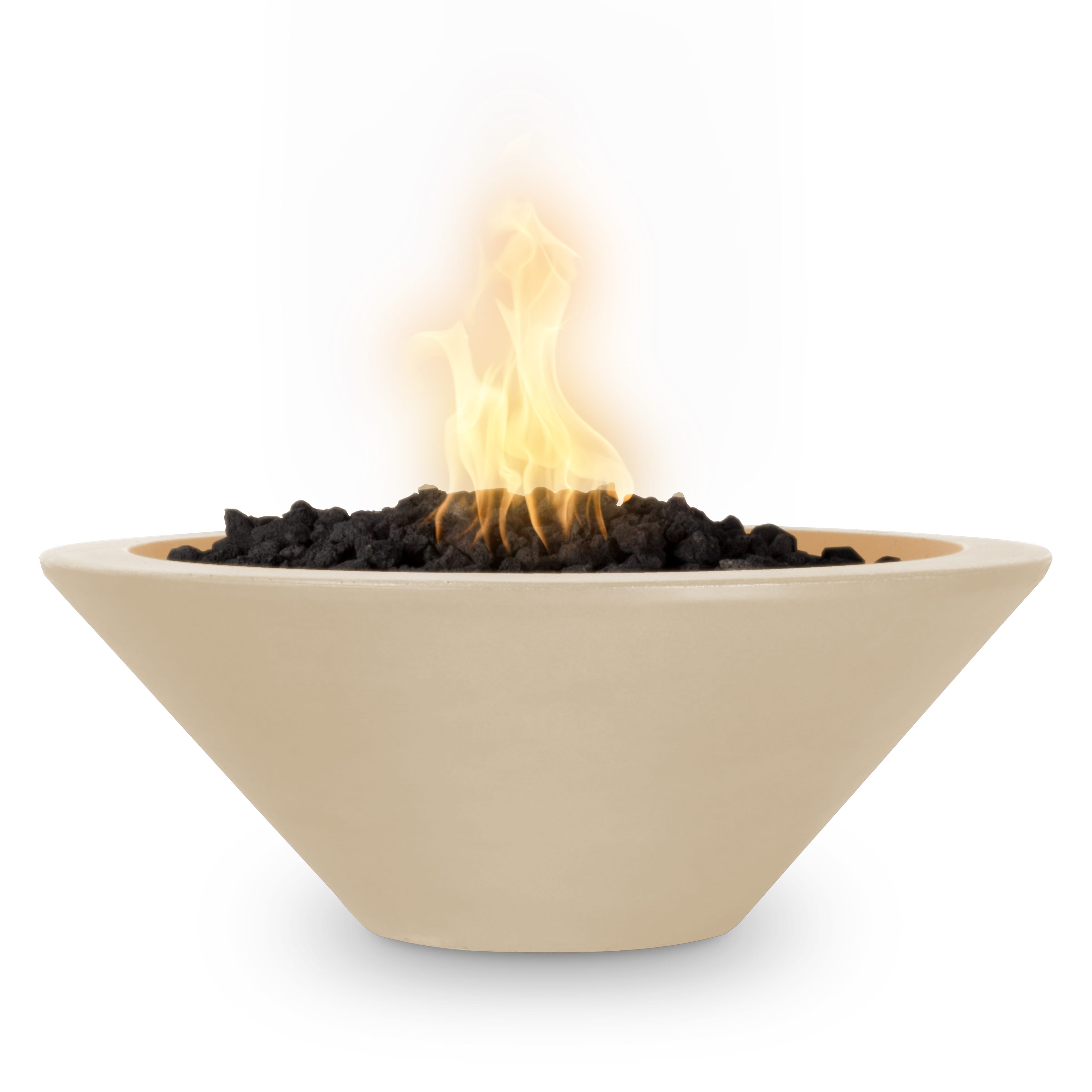 Beige fire pit with flames on a white background