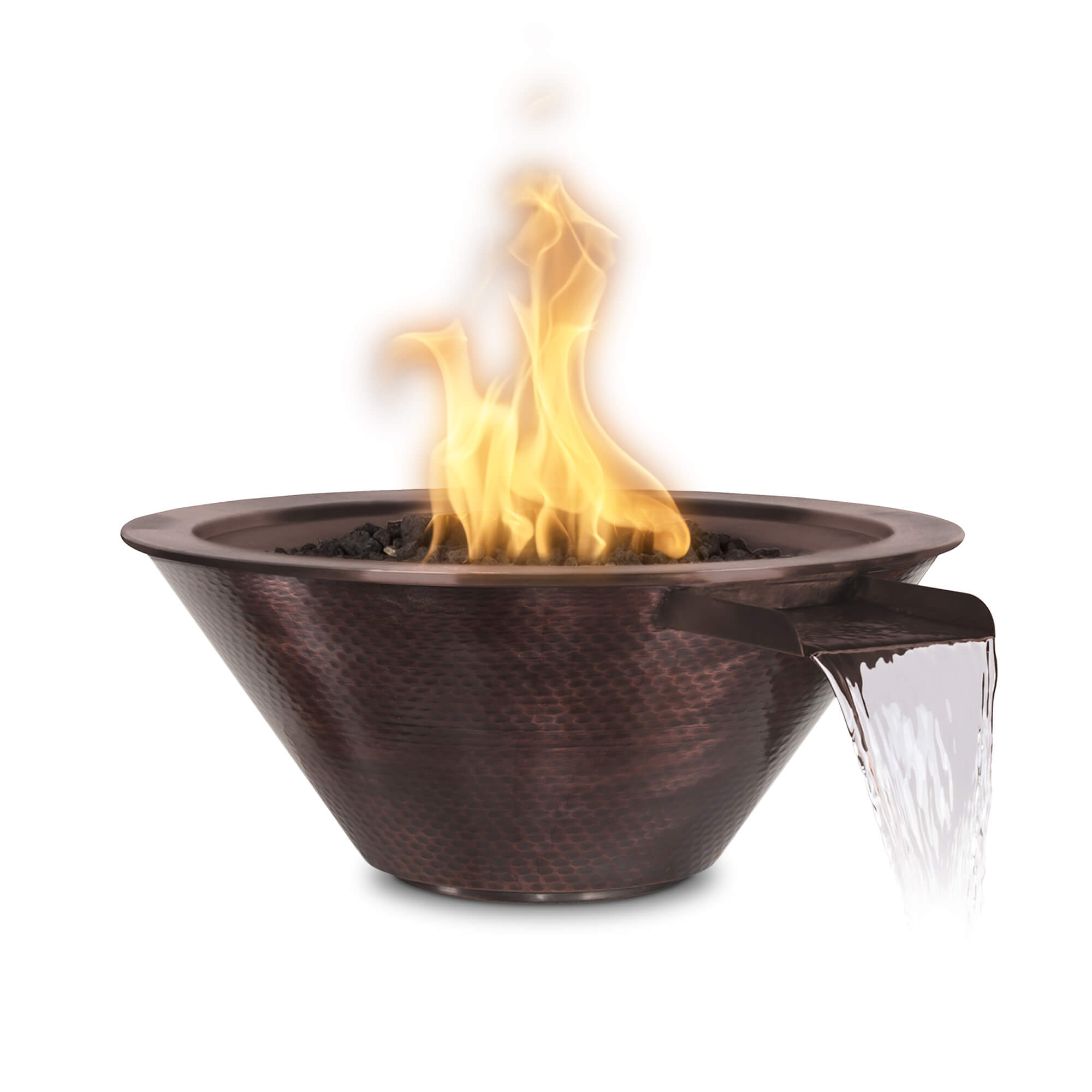 Brown copper fire pit with flames on a white background