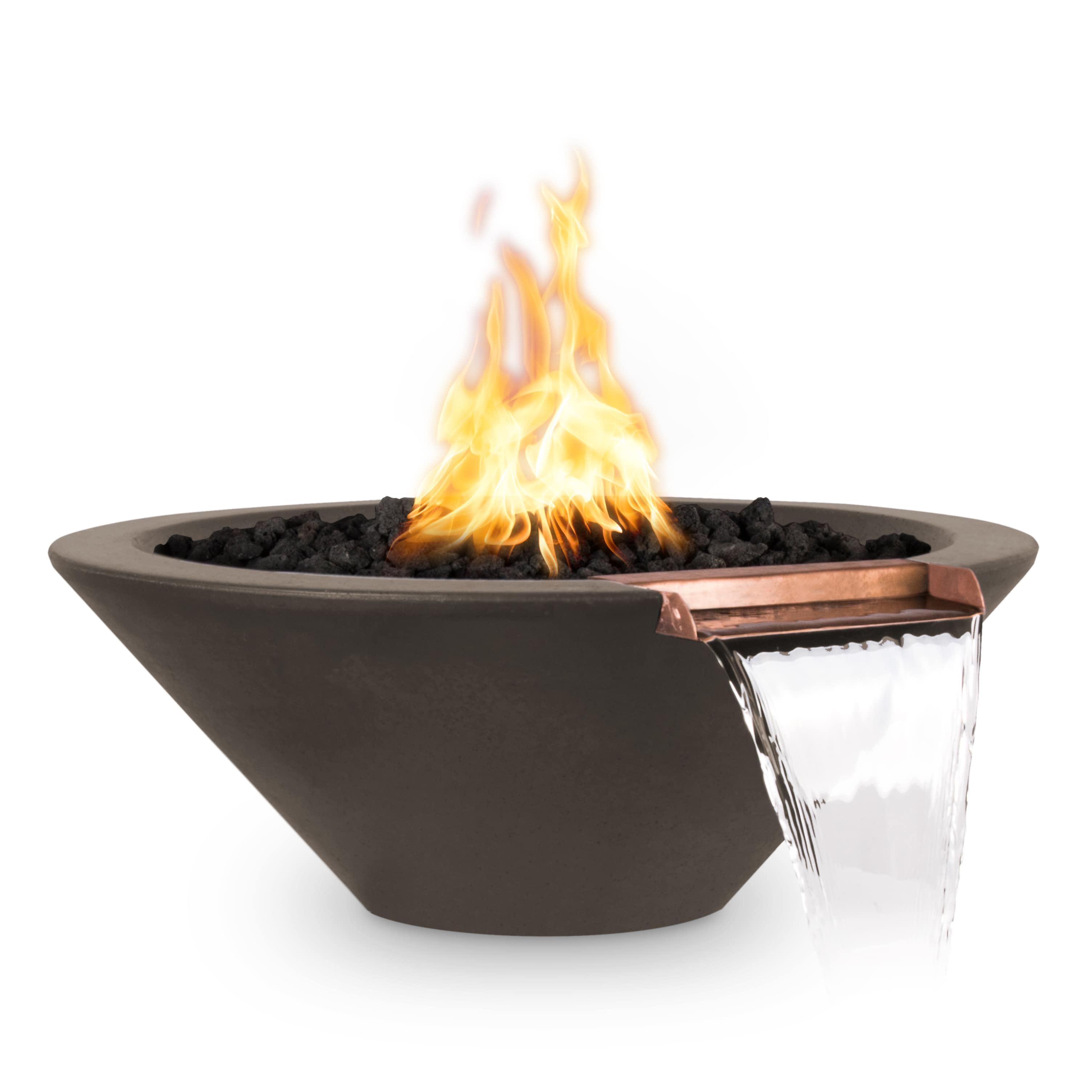 Modern outdoor fire pit with flames on a white background