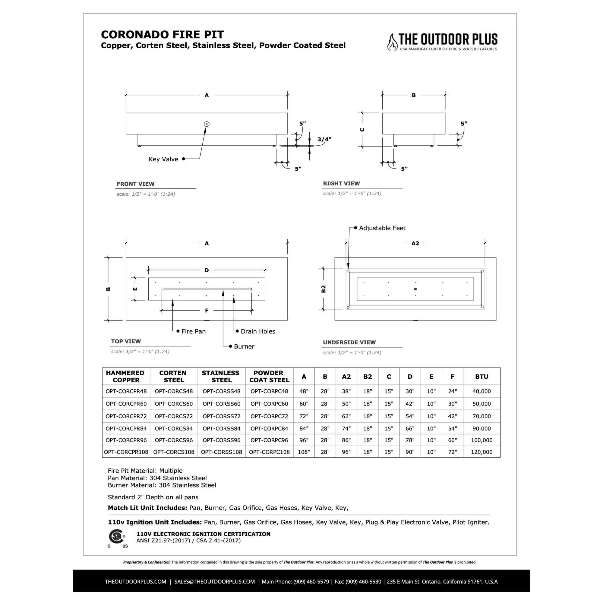 Technical drawing and specifications of a Coronado fire pit by The Outdoor Plus on a white background.