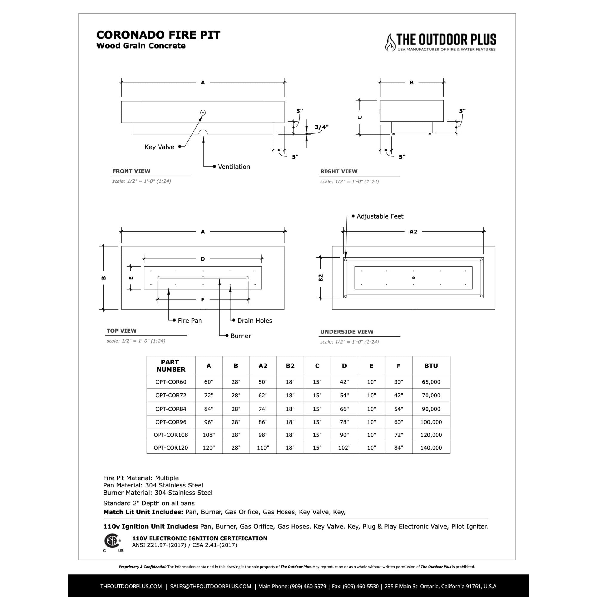 Technical drawing and specifications for Coronado Fire Pit by The Outdoor Plus